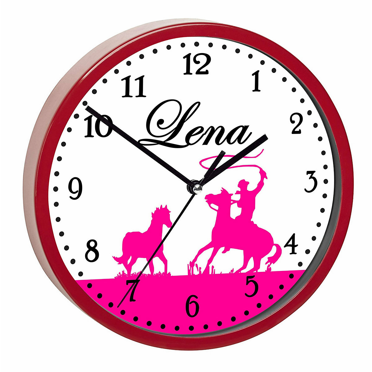 Kinder Wanduhr laufruhig personalisiert mit Name Pferde Cowboy Pink