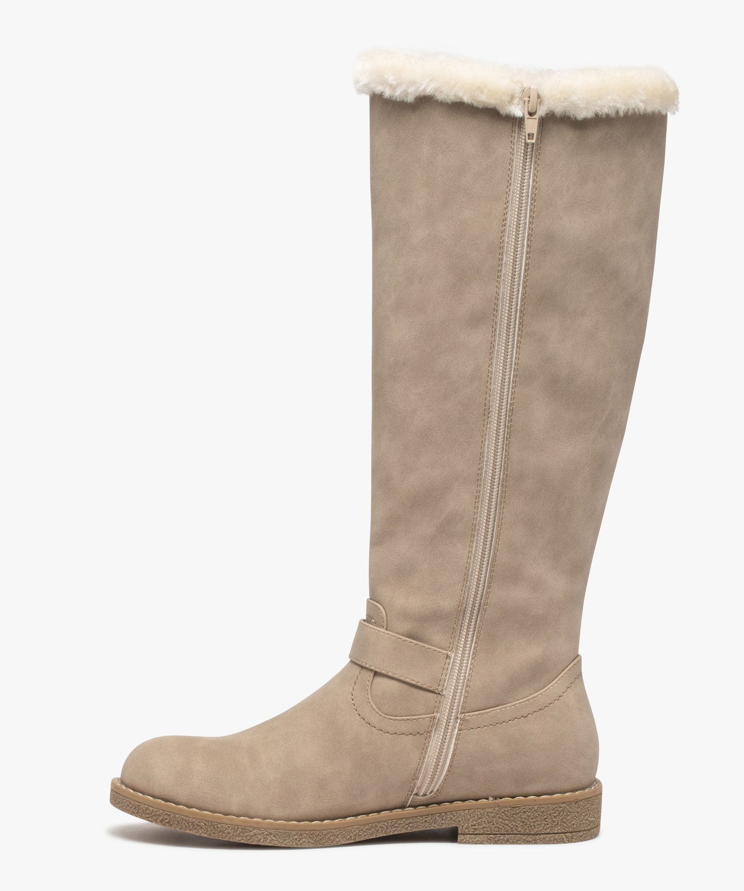 Bottes femme à talon plat dessus uni et col duveteux blanc | GEMO