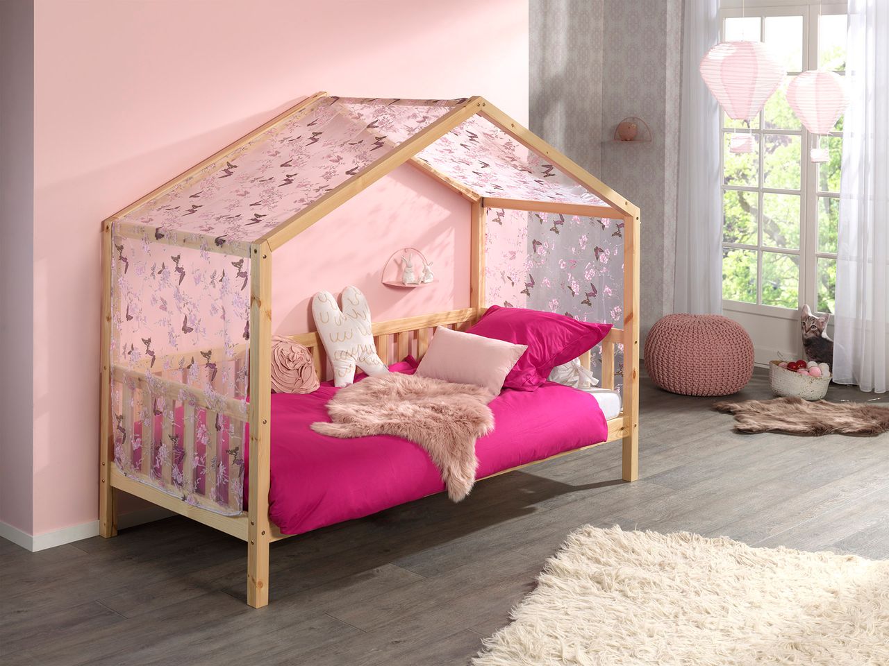 VIPACK Dallas 1 Hausbett mit seitlicher Umrandung 90 x 200 cm Liegefläche und Textilhimmel, Natur