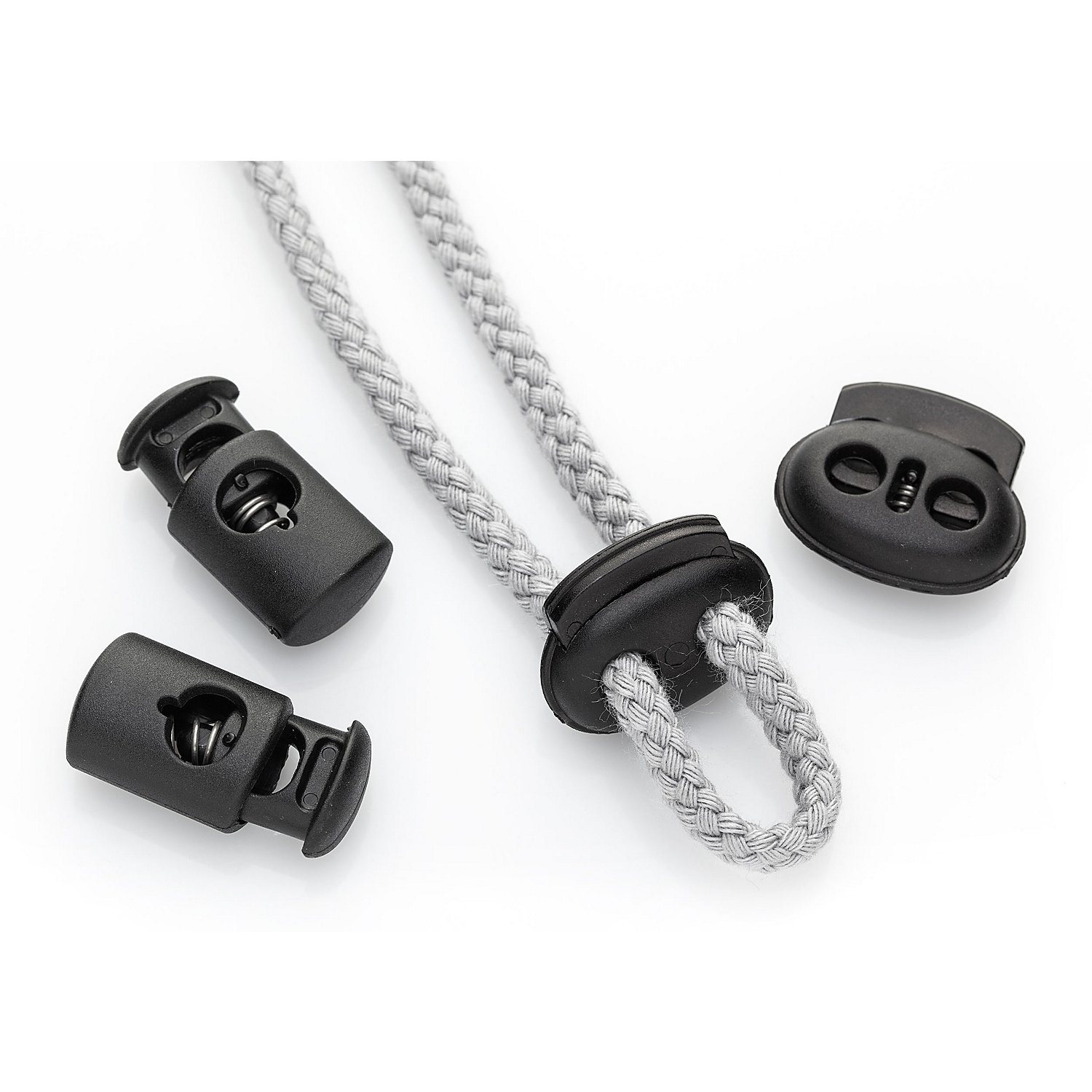 buttinette Kordelstopper-Set, schwarz, für Kordeln bis 5 mm Ø und 6 mm Ø, Inhalt: 4 Stück