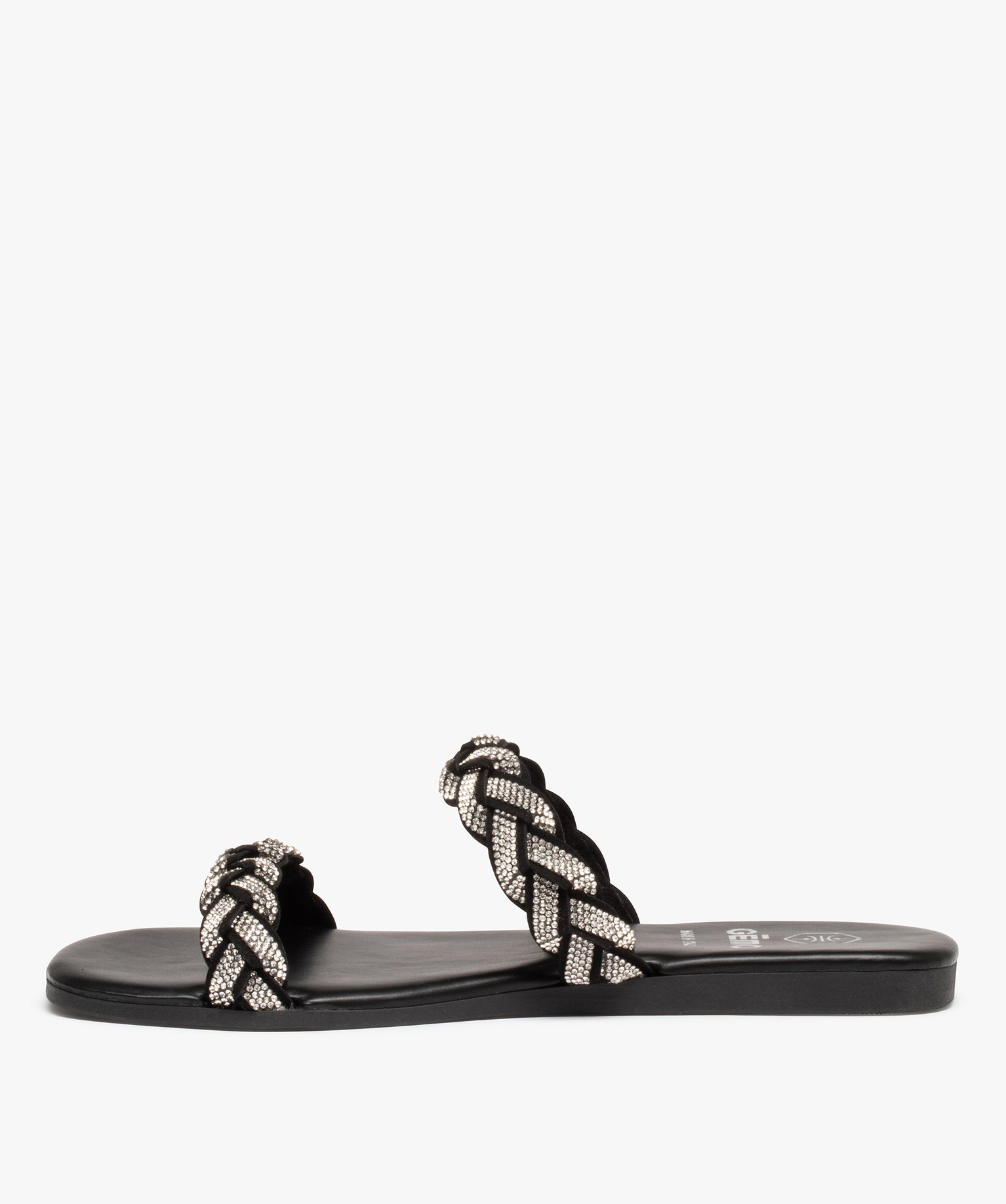 Mules femme à talon plat et brides strass tressées noir | GEMO