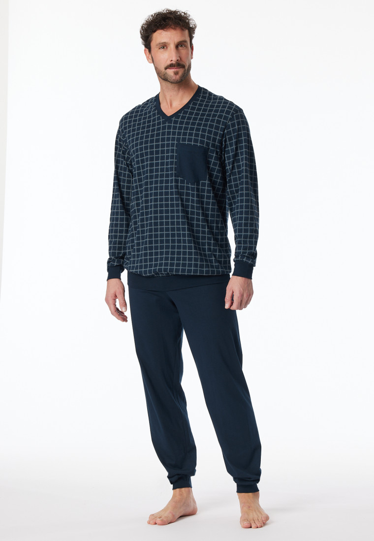 Schlafanzug lang Bündchen jeansblau kariert - Comfort Nightwear