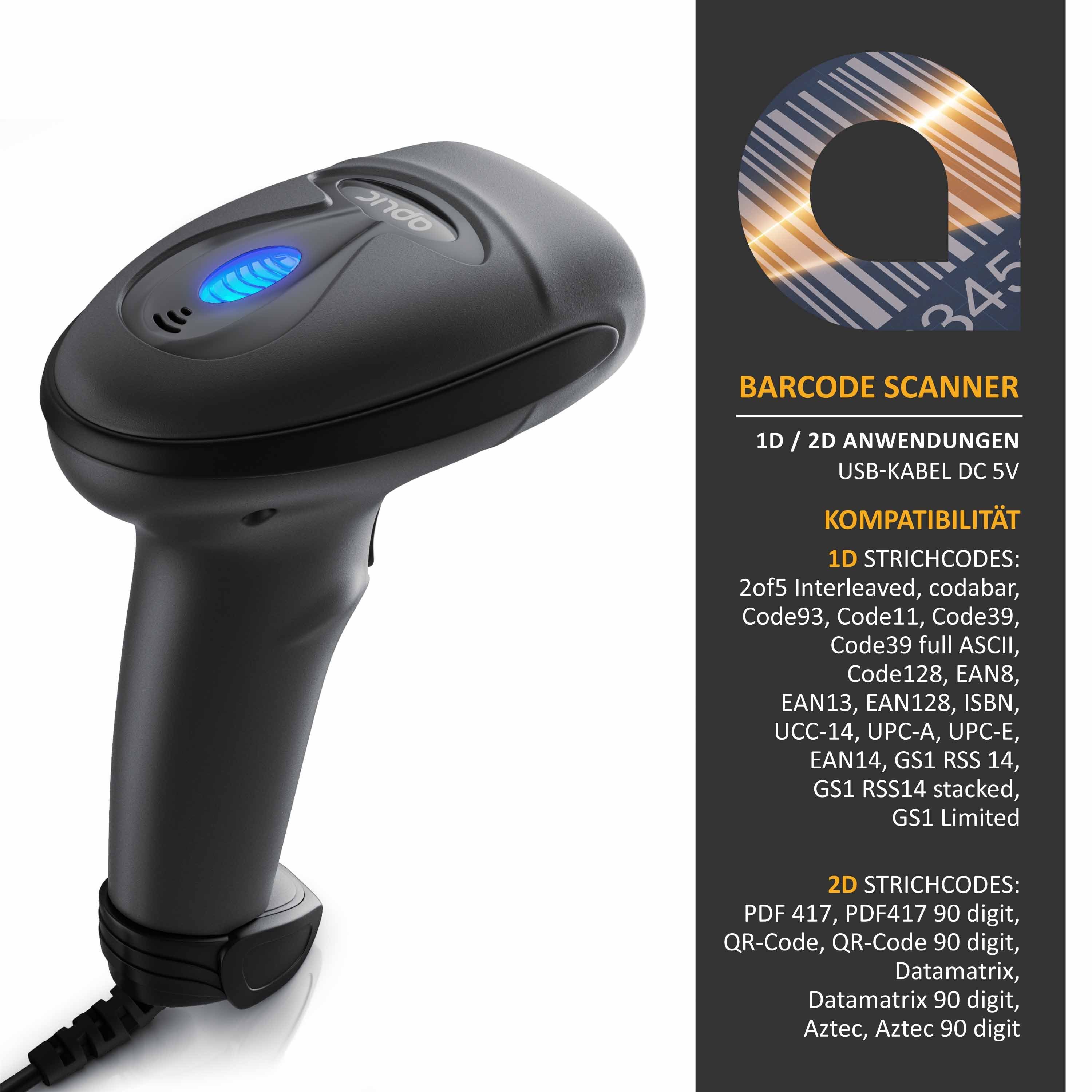 Aplic Handscanner, (USB Barcode Scanner kabelgebunden, 1D und 2D, Single Scan & Auto Scan)