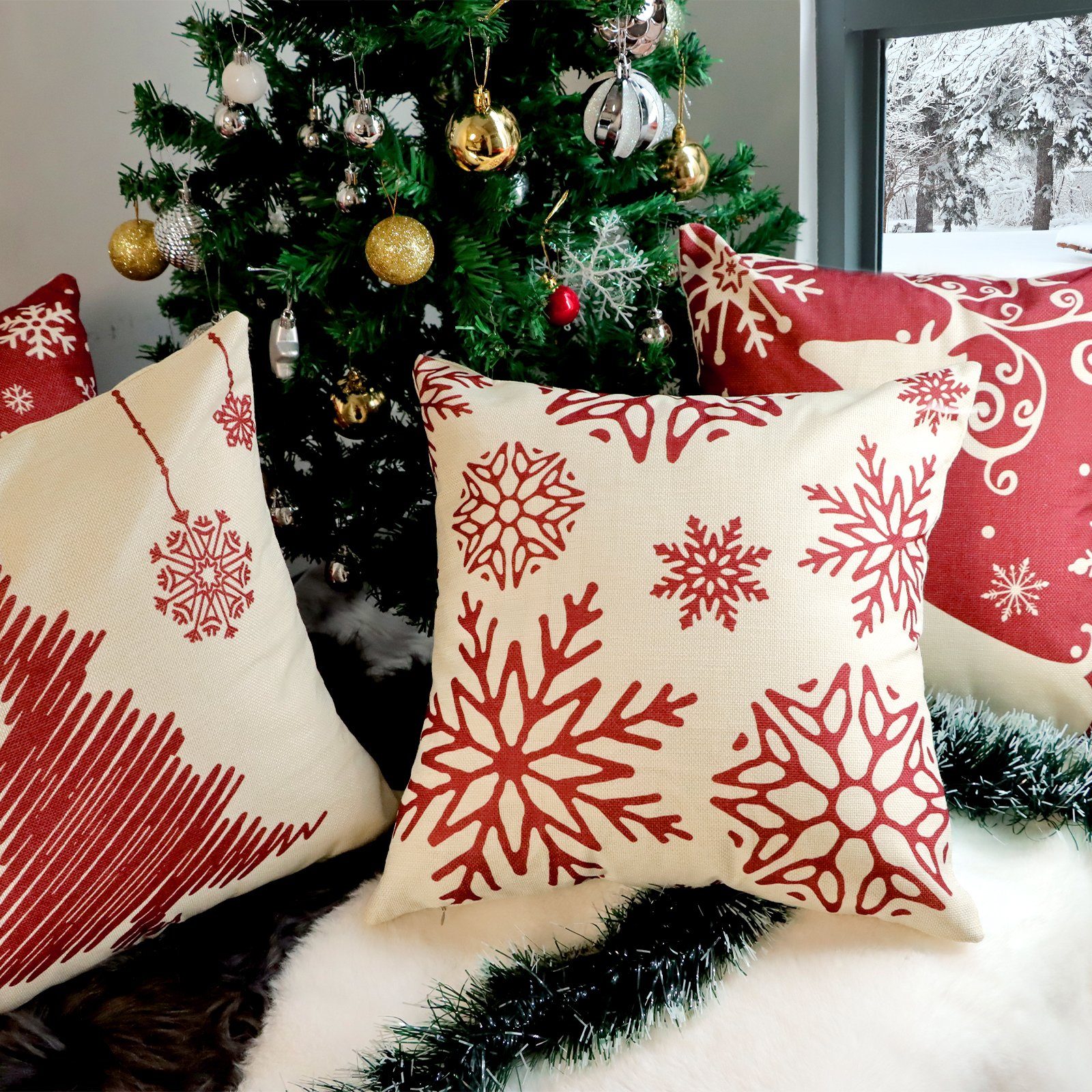 Kissenbezüge Leinenlook für Zierkissen, Sofakissen, Weihnachts-Kissenbezüge, CALIYO, 4 Stück Kissenbezug zu Weihnachten