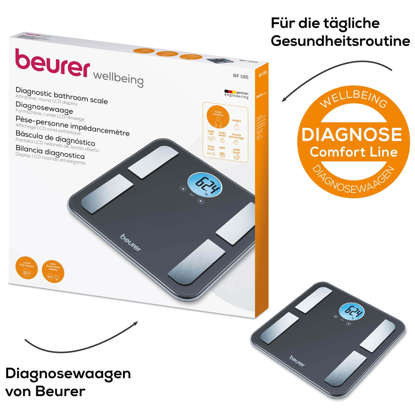 Beurer Diagnosewaage - BF 195-Körperfettwaage mit Ganzkörperanalyse & runder LCD-Anzeige bis 180 kg