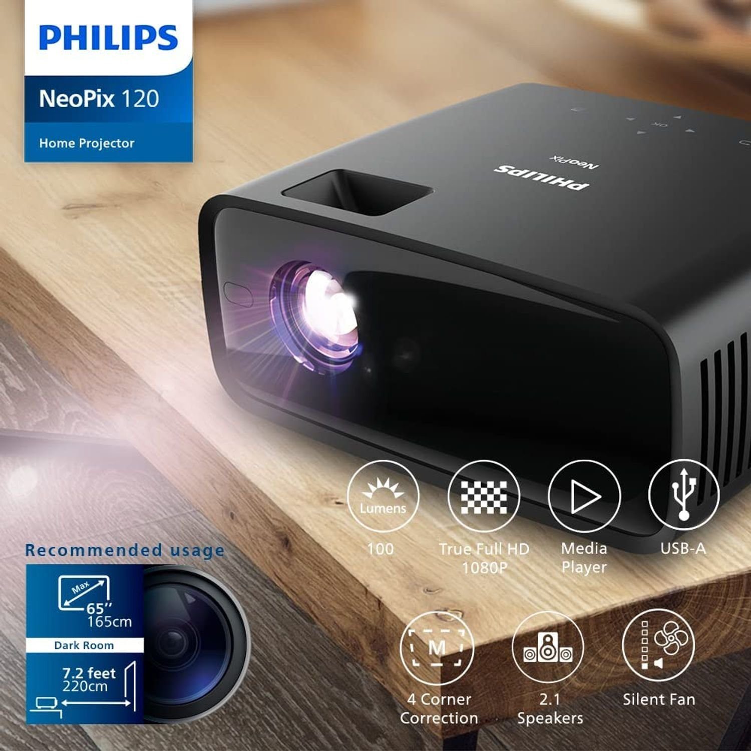 Philips NeoPix 120 LED Projektor Stereosound Multimediaplayer Beamer Beamer (100 lm, 3000 : 1, 1280 X 720 px, HD 720p Auflösung auf Projektionen bis 165cm (65) Diagonale)