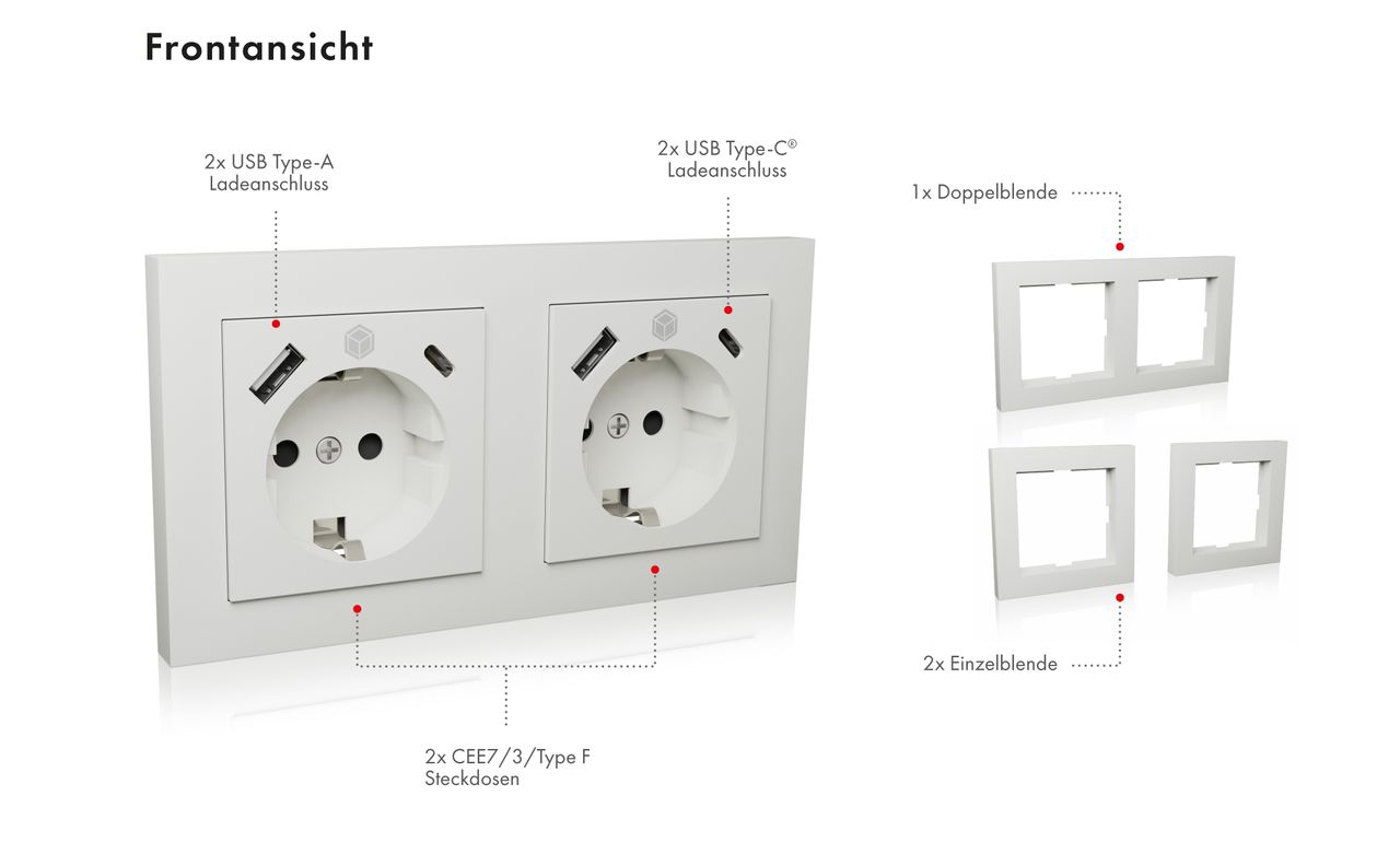 ICY BOX IB-MPS4200W-PD, Unterputz Steckdosenset mit USB PD Ladefunktion