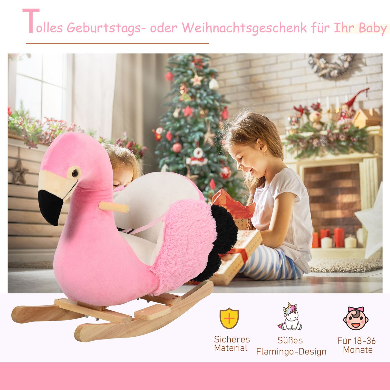 HOMCOM Schaukelpferd Schaukelspielzeug Flamingo mit Sicherheitsgurt Plüsch