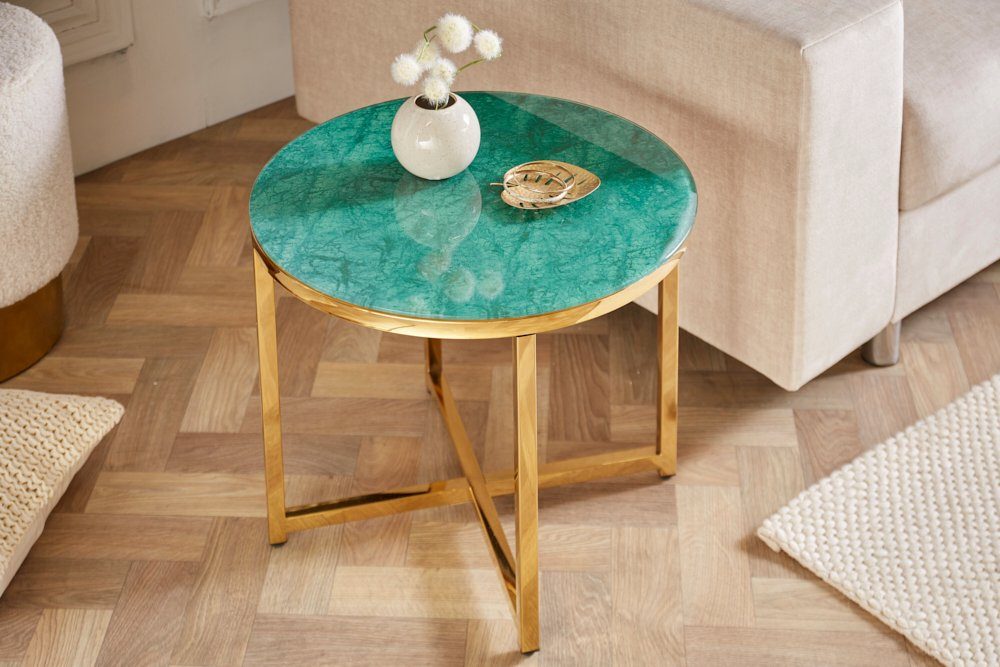 riess-ambiente Beistelltisch BOUTIQUE 50cm türkis / gold (Einzelartikel, 1-St), Wohnzimmer · Kristallglas · Metall · rund · Marmor-Dekor · Barock