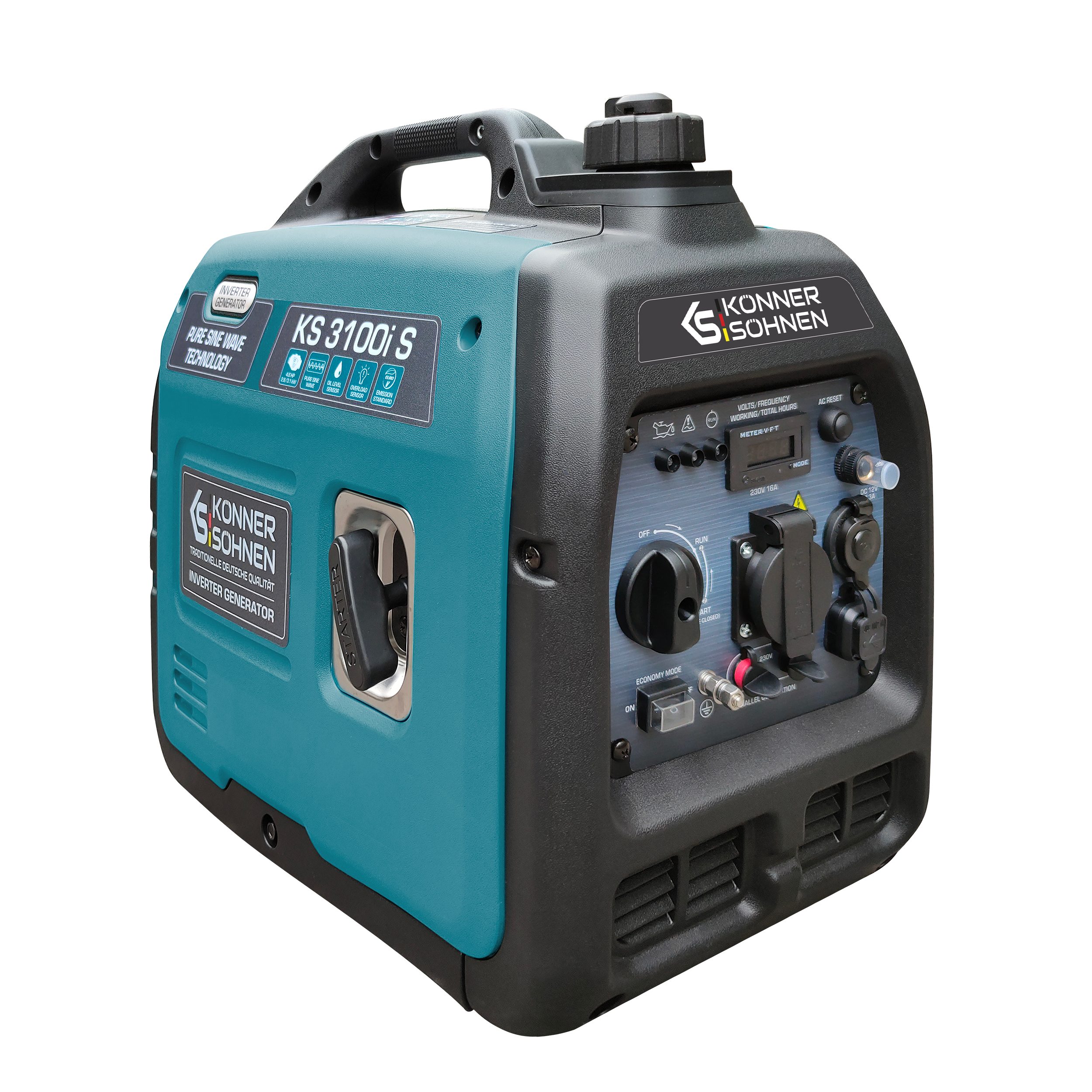 Könner & Söhnen Stromerzeuger KS 3100i S, 3,10 in kW, (Schallgedämmtes Gehäuse (63 dB Lpa 7 m), ECO-Modus, 1-tlg., Kupferwicklungen, Kurzschluss- und Überlastschutz, Abgasnorm EURO V), Kurzschluss- und Überlastschutz, Abgasnorm EURO V