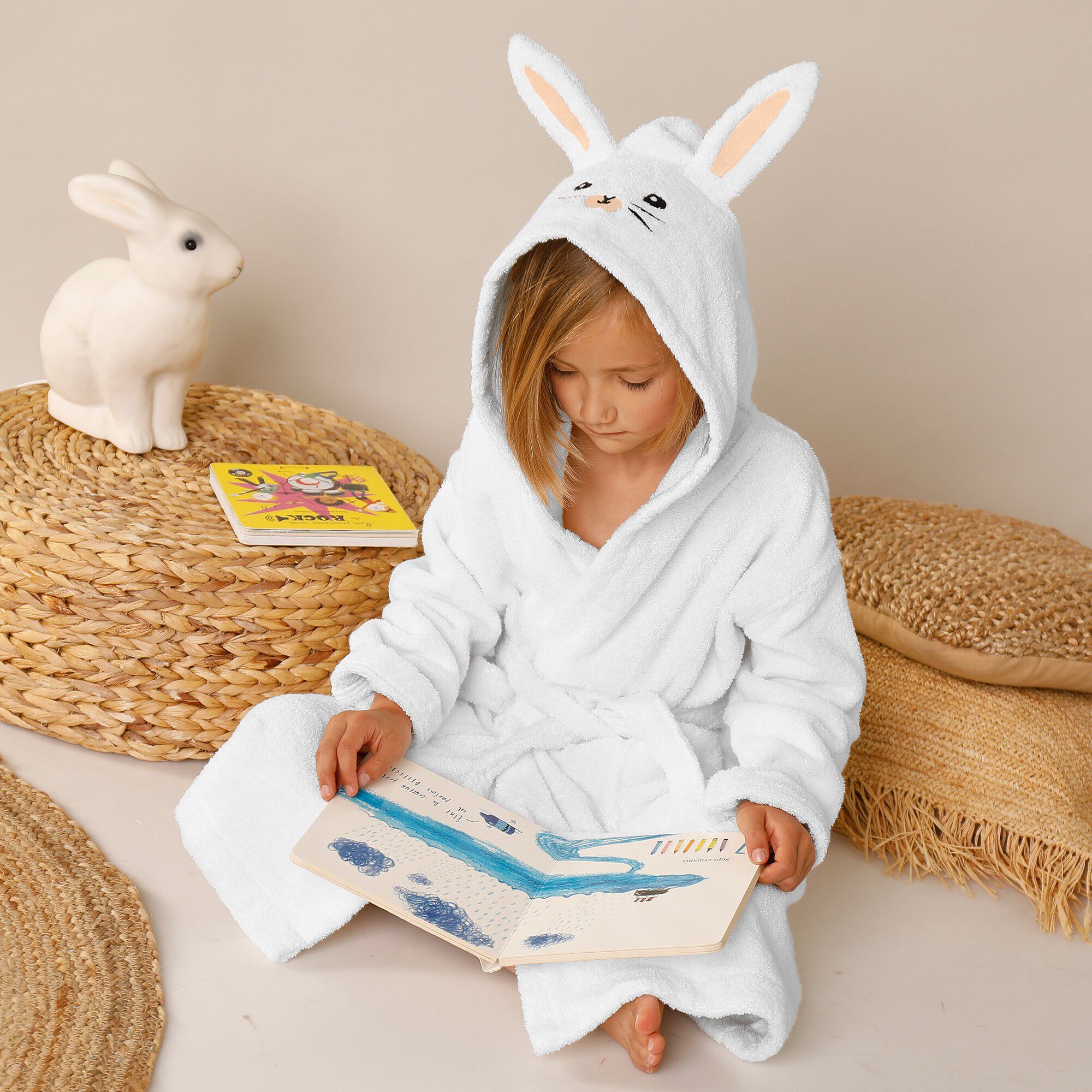 Peignoir de bain enfant lapin à capuche éponge coton
