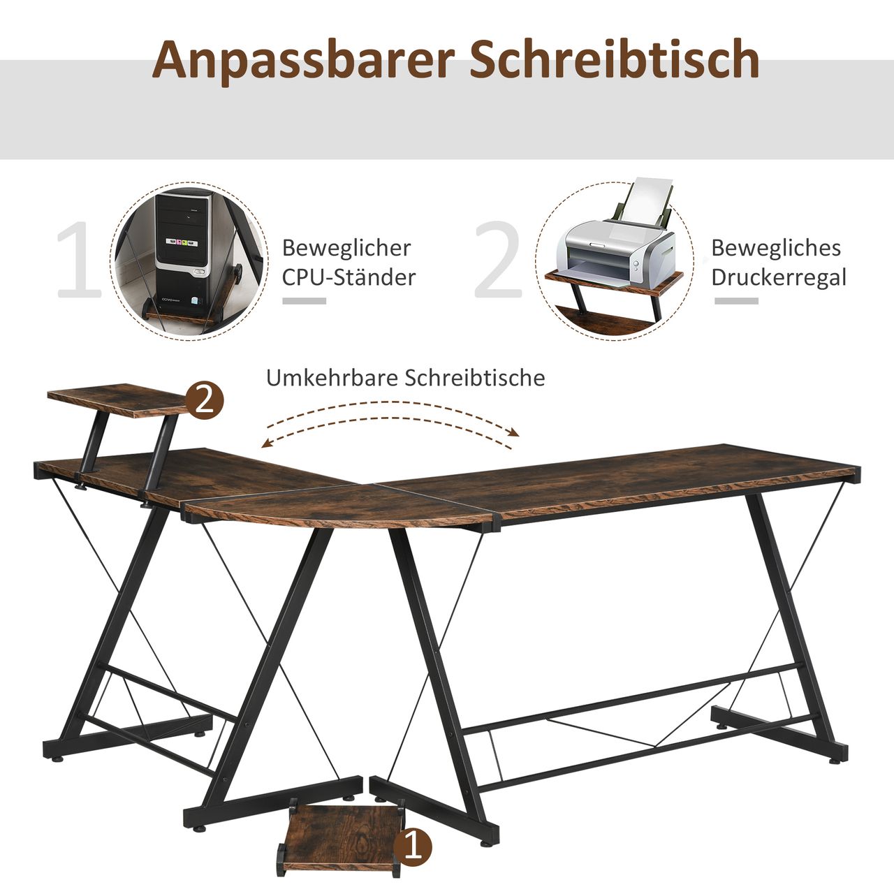 HOMCOM Computertisch, Eckschreibtisch, Schreibtisch, Bürotisch, Spanplatte Metall, Vintagebraun-Schwarz, 155 x 115 x 91,5 cm
