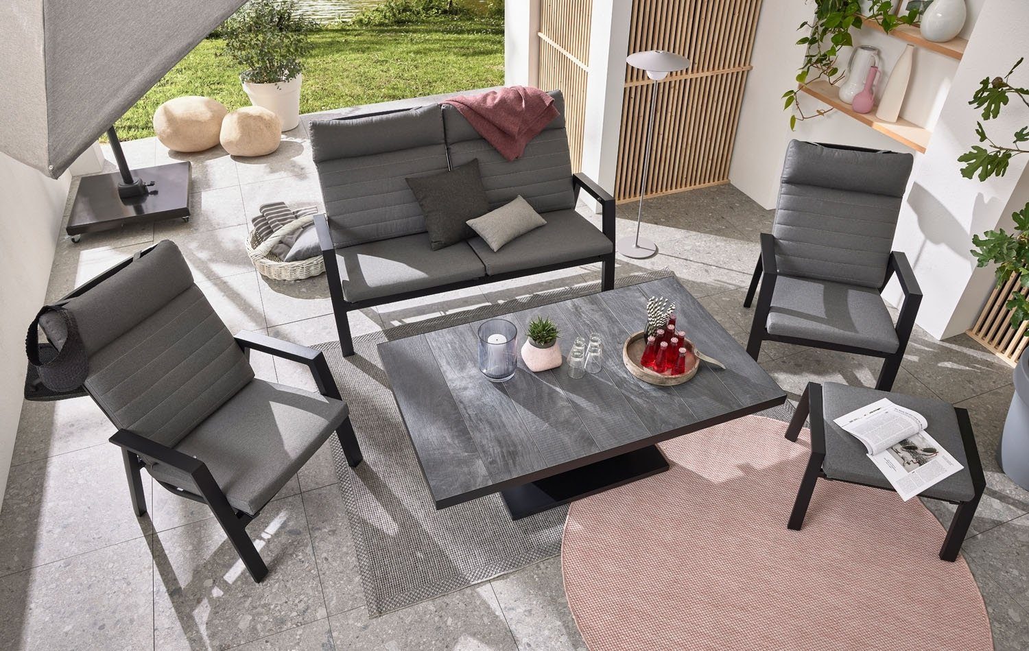 MONDO Gartentisch ASCELLA, Höhenverstellbar, 140 x 85 cm, Anthrazit, Aluminium, Tischplatte aus Keramik