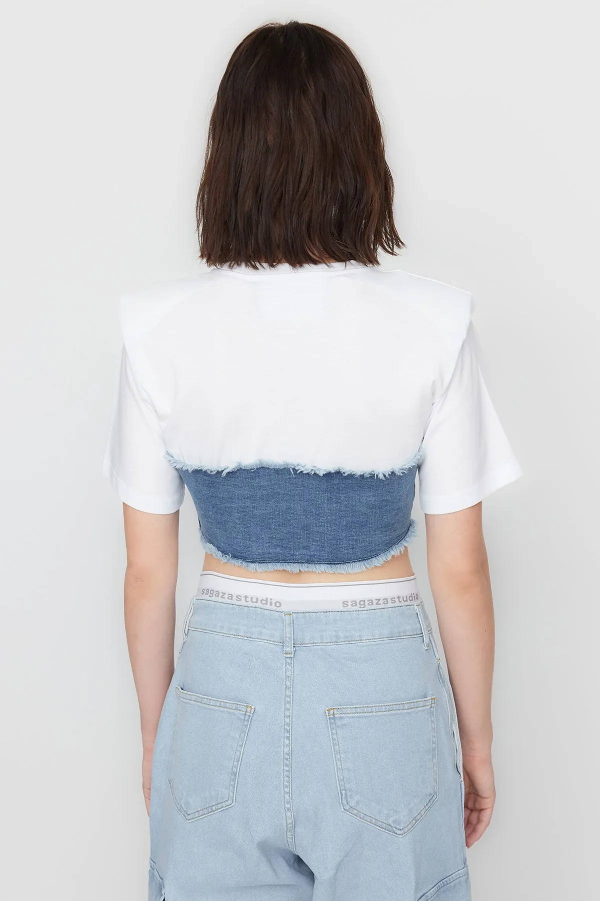 Trendyol Collection  X Sagaza Studio Blaues Korsett mit detailliertem Denim-Bustier TCLSS23BZ00004