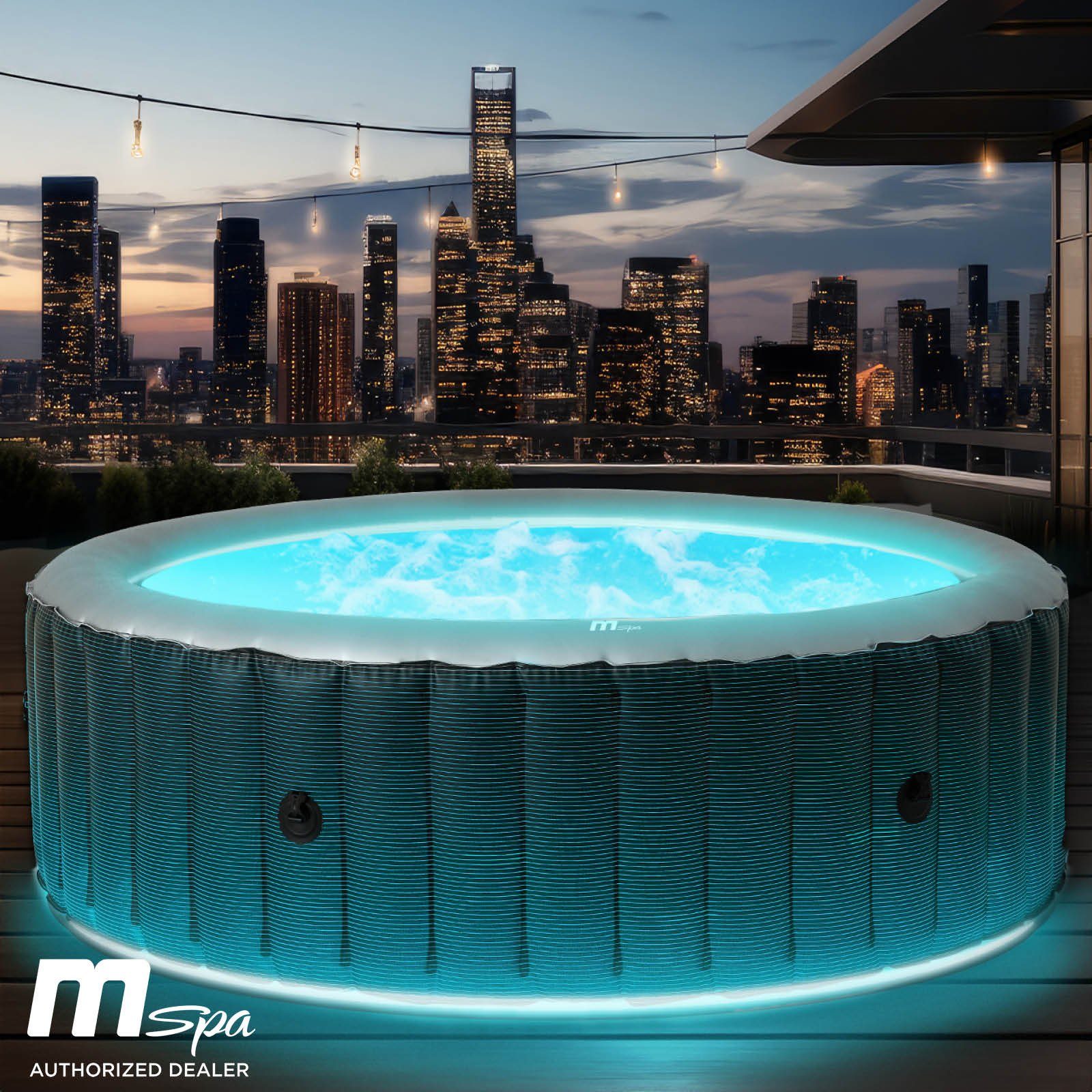 BRAST Whirlpool aufblasbar MSpa Starry mit LED-Beleuchtung für 6 Personen Ø204x70cm, (In- Outdoor Pool 138 Massagedüsen Energiespar-Timer Heizung), Aufblasfunktion per Knopfdruck Bubble Wellness Massage