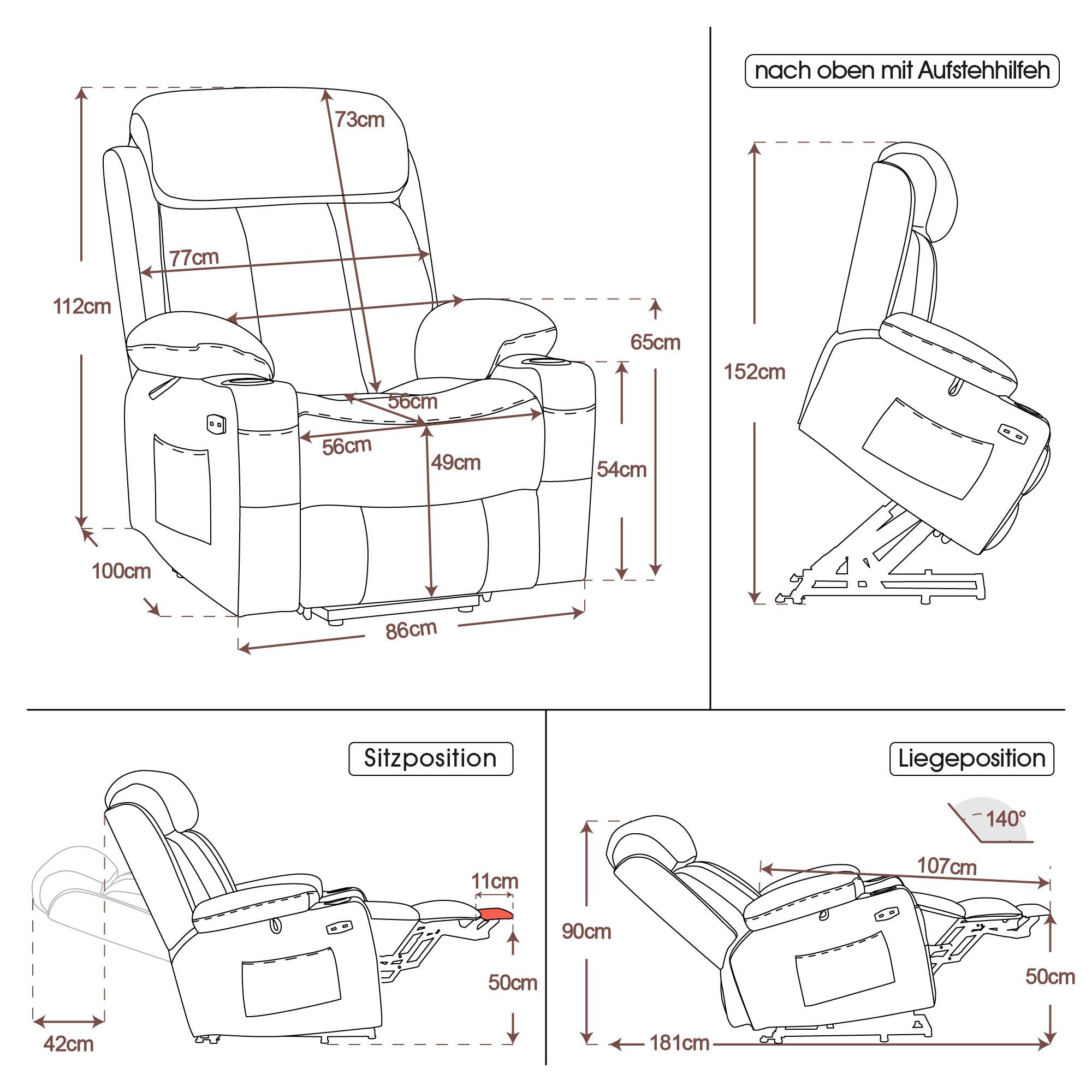 MCombo Relaxsessel MCombo elektrische Aufstehhilfe Fernsehsessel Relaxsessel 7190, motorisch verstellbar, Leder, Schwarz, 100 x 86 x 112 cm