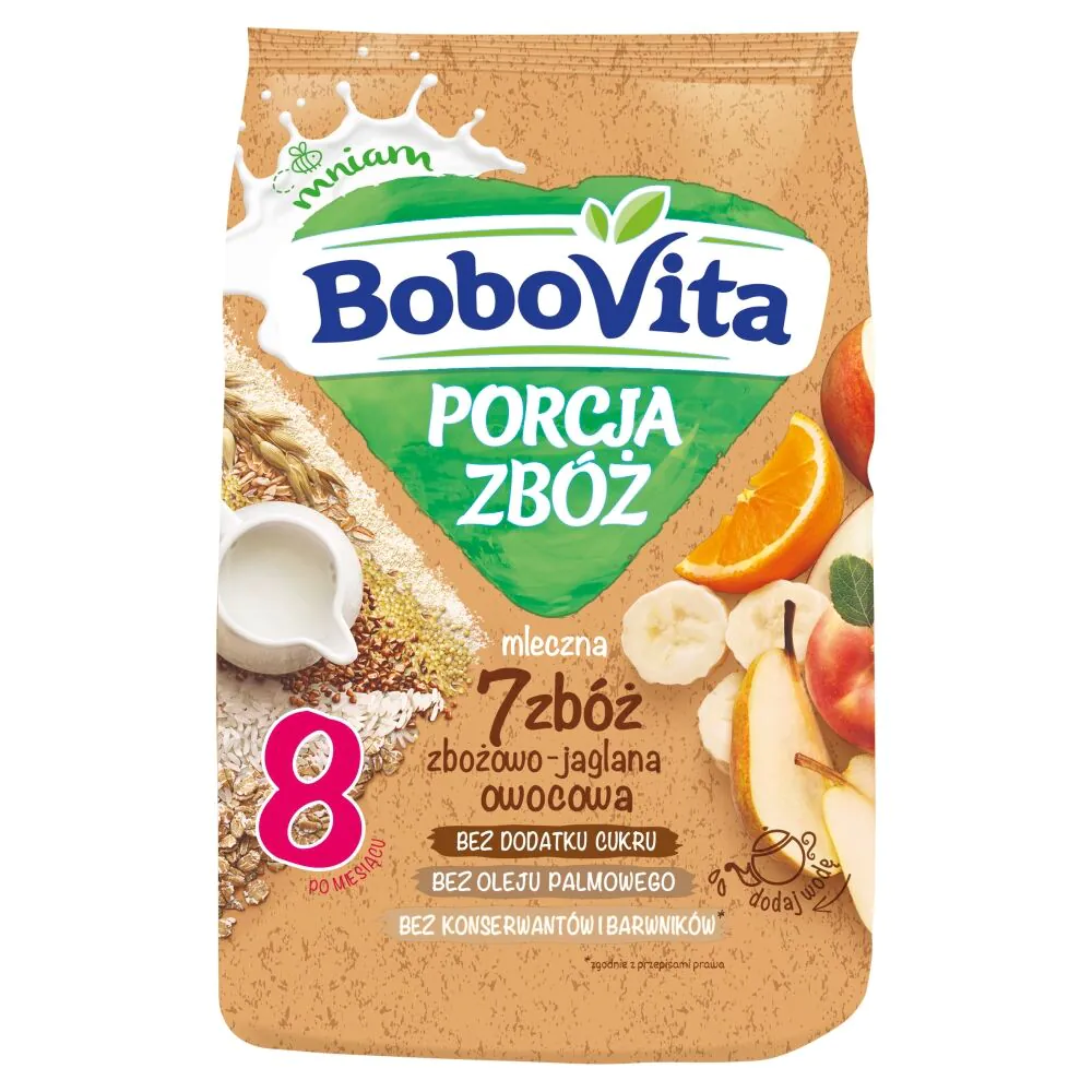 Porção de mingau Bobovita com 7 cereais, leite e frutas.