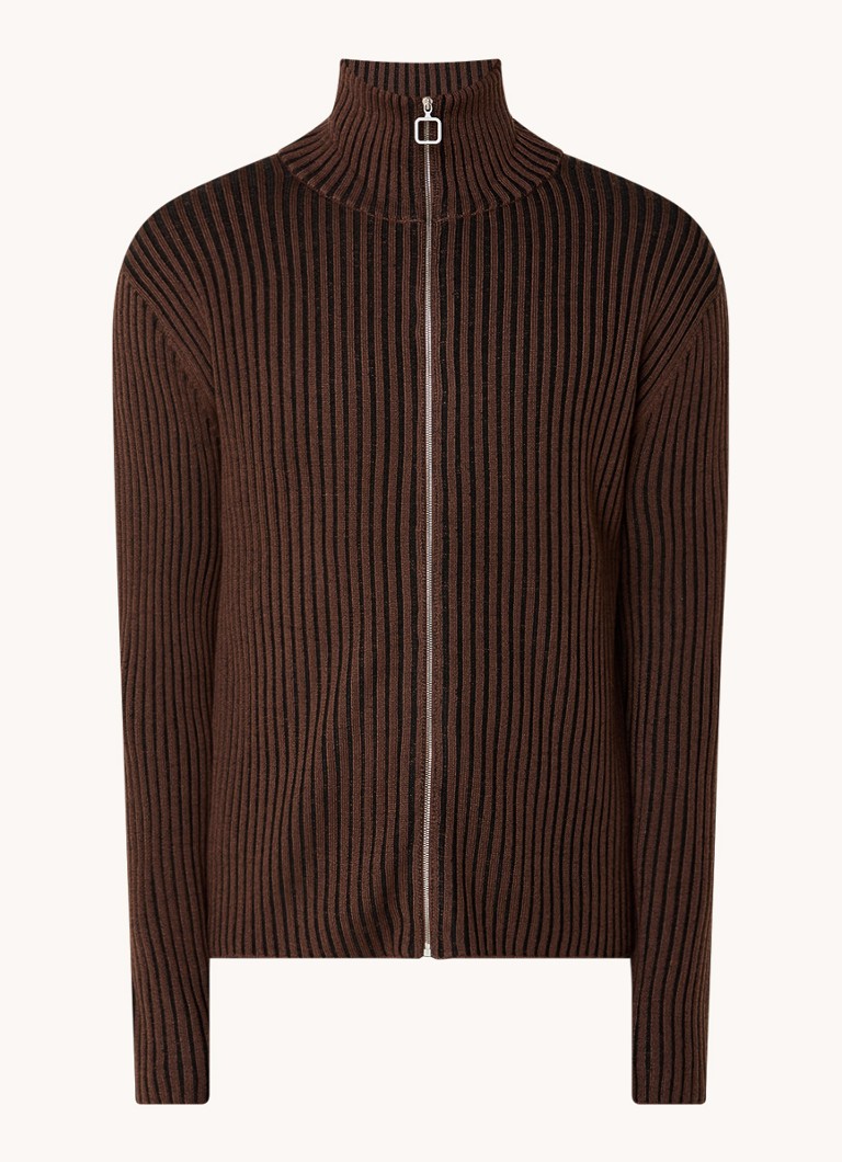 Cardigan Sandro din tricot cu nervuri și amestec de lână, cu guler înalt.