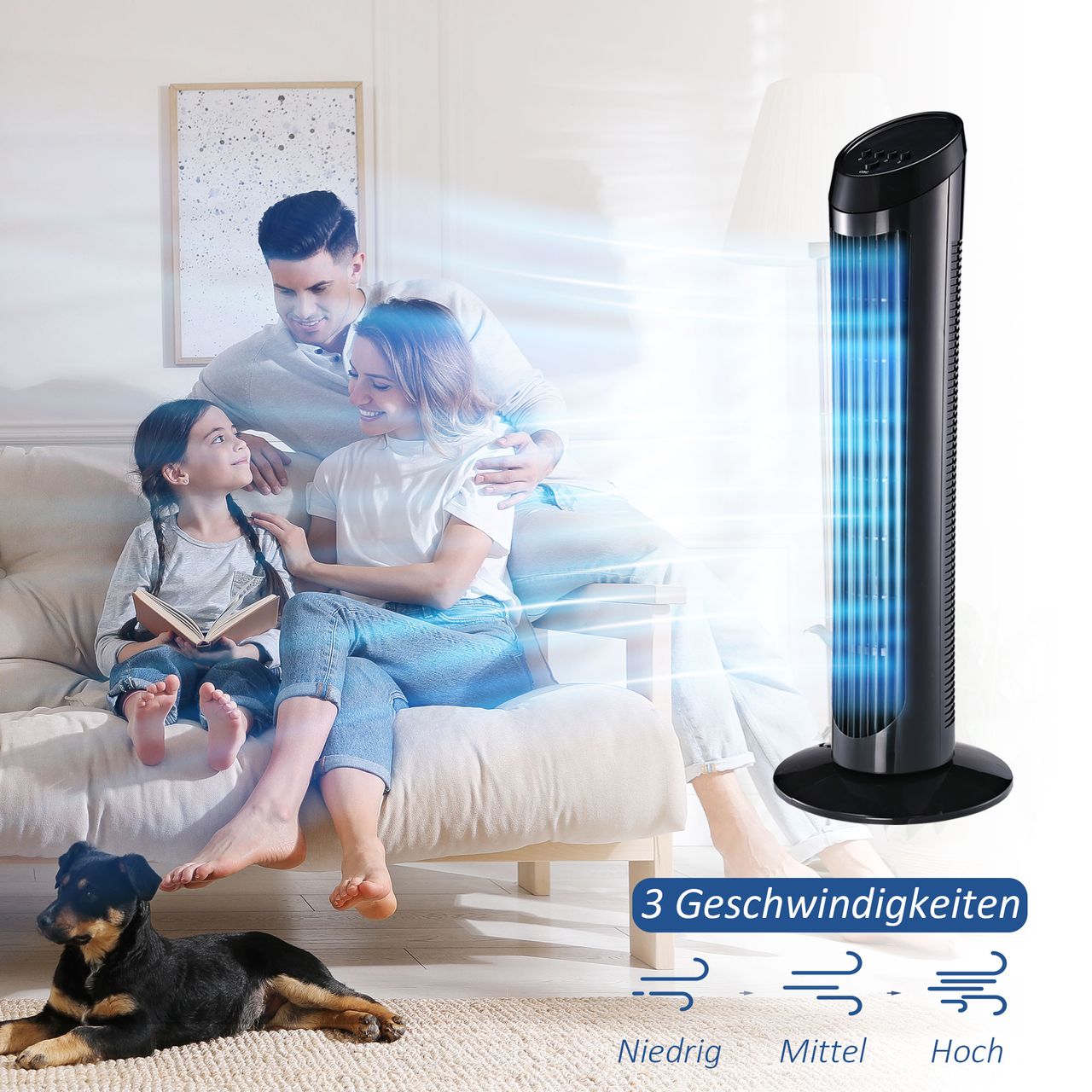 HOMCOM Standventilator 45 W Turmventilator, 3 Belüftungsstufen, ABS, Schwarz