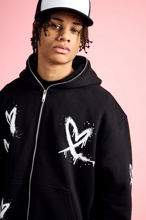 Oversize Hoodie mit Reißverschluss und Herz-Print