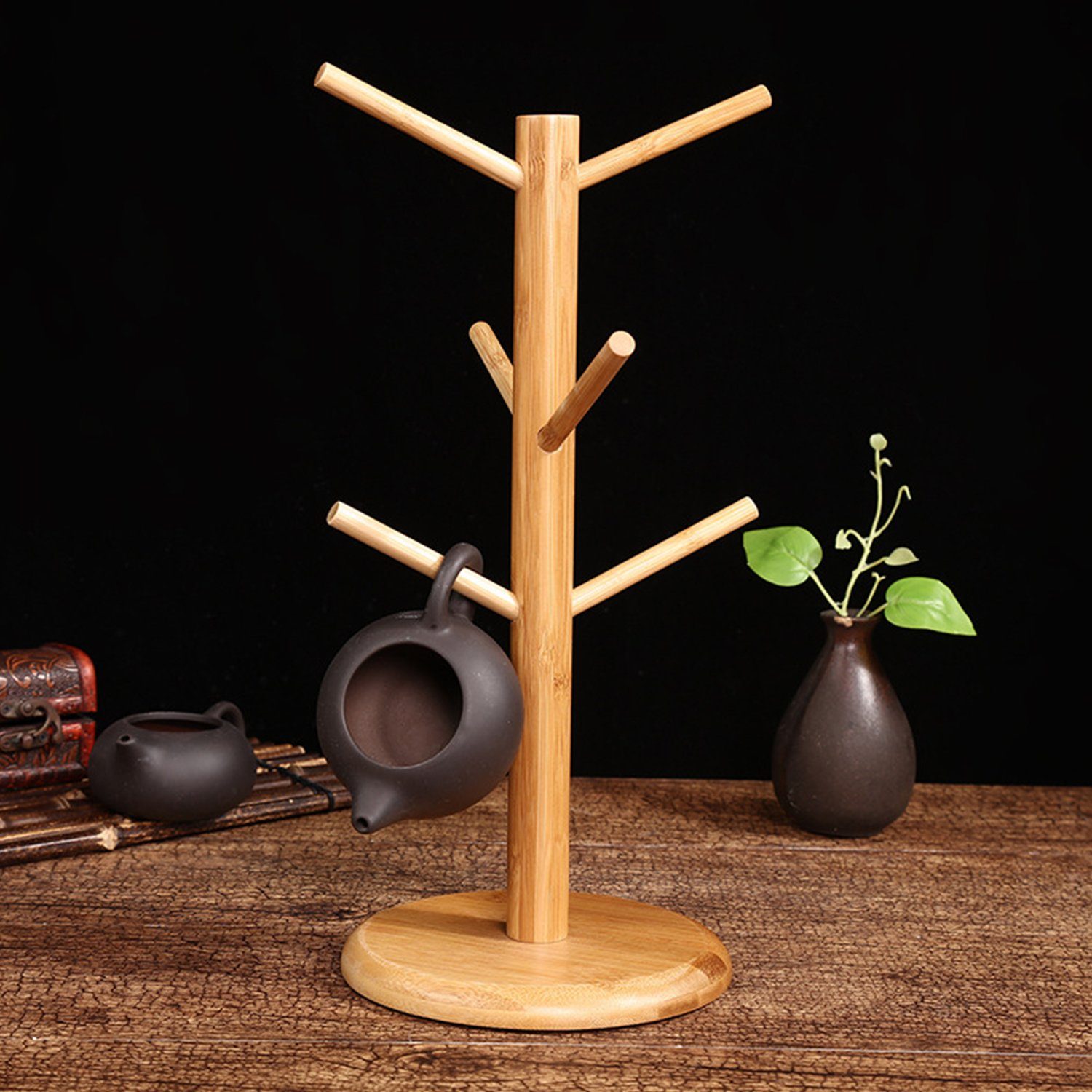 Bedee Gläserhalter Tassenhalter Becherhalter Bambus, Kaffee Tassenhalter mit 6 Haken (Baum Becher Halter Baum Kaffeebecher Gestell Getränkehalter, 1 St., Brezelständer aus Bambus), Rack Regal für Küche Zähler und Display Besteck Lagerung und Trocknun