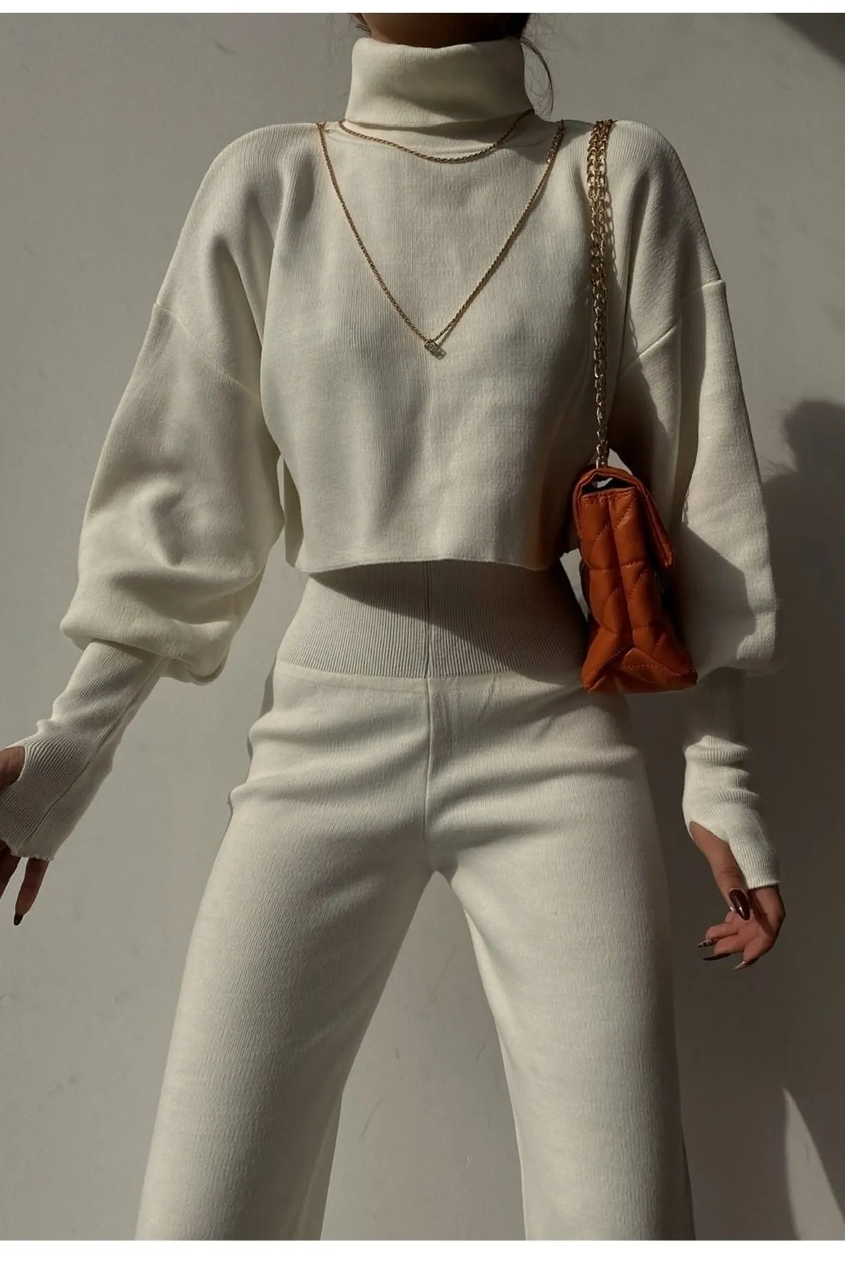 lovebox  Handgenähtes, ecrufarbenes Strickoberteil und ecrufarbene Strickhose mit hoher Taille, Doppelset 015