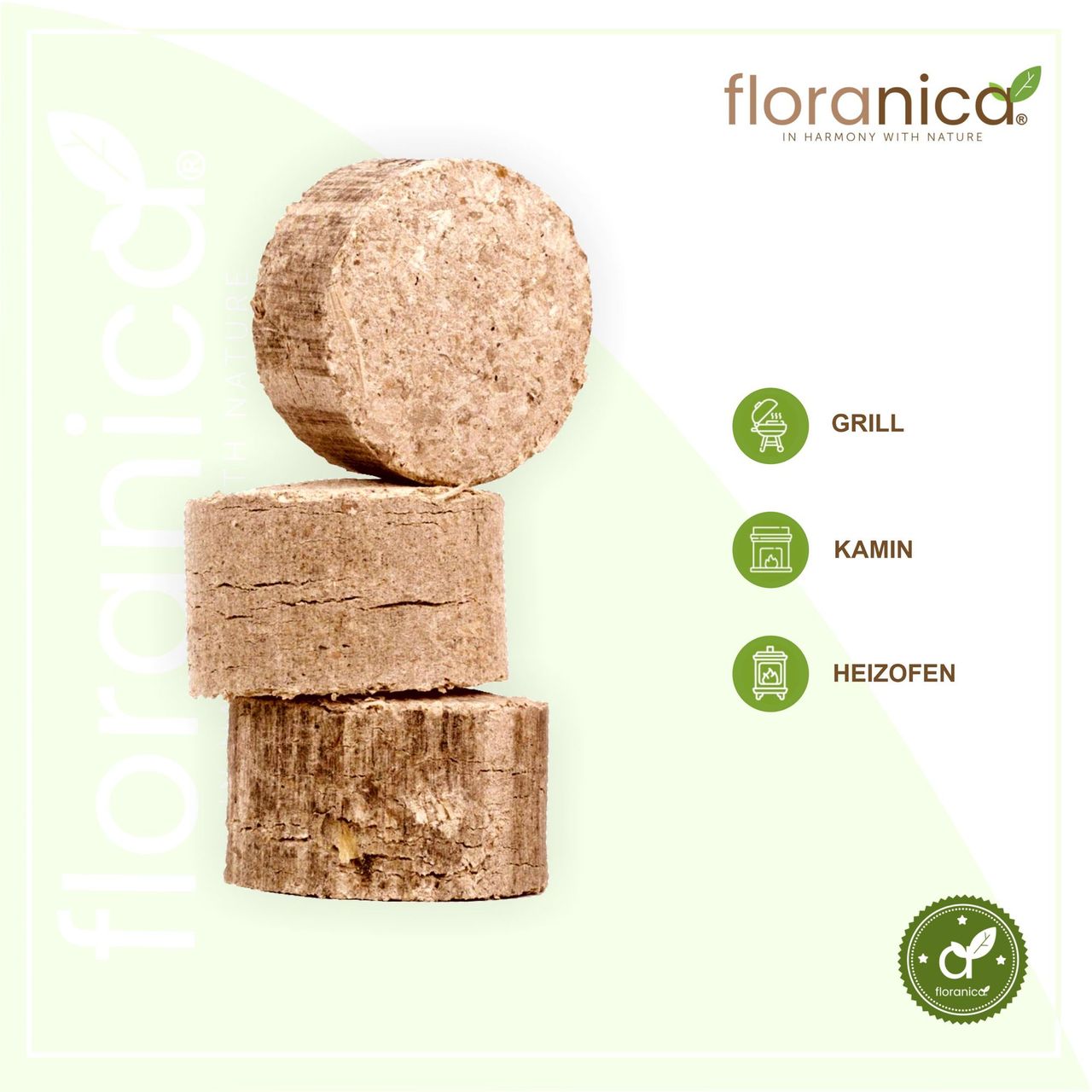 Pemicont Floranica Holzbriketts 100% Gepresste Rundholzbriketts 20kg im Karton Brikett Ideal für Kamin Ofen Raketenofen Grill Umweltfreundlich Hohe Brennwert Raucharm
