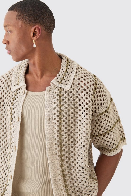 Kastiges gestreiftes Oversize Strick-Hemd