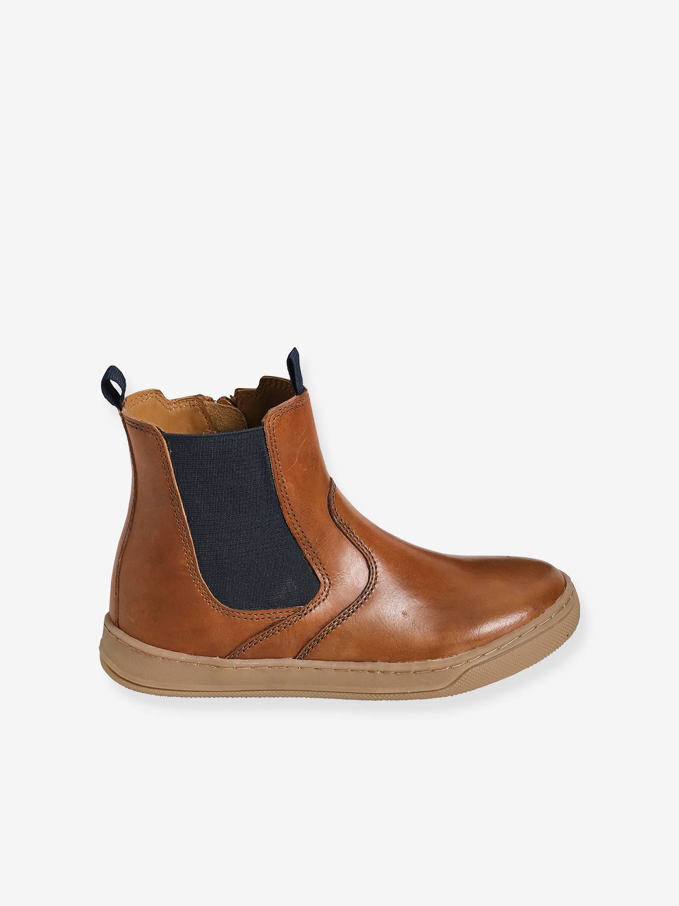 Boots cuir garçon zippés et élastiqués marron