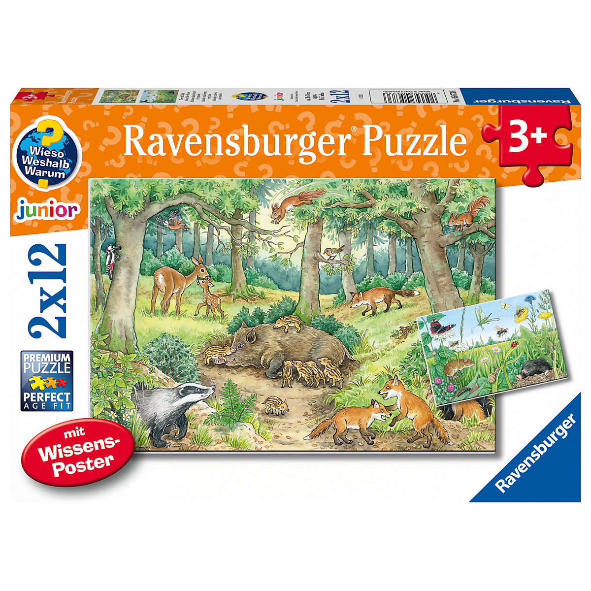 Ravensburger Kinderpuzzle - 05673 Tiere im Wald und auf der Wiese - 2x12 Teile + Wissensposter, Wieso Weshalb Warum Puzzle für Kinder ab 3 Jahren