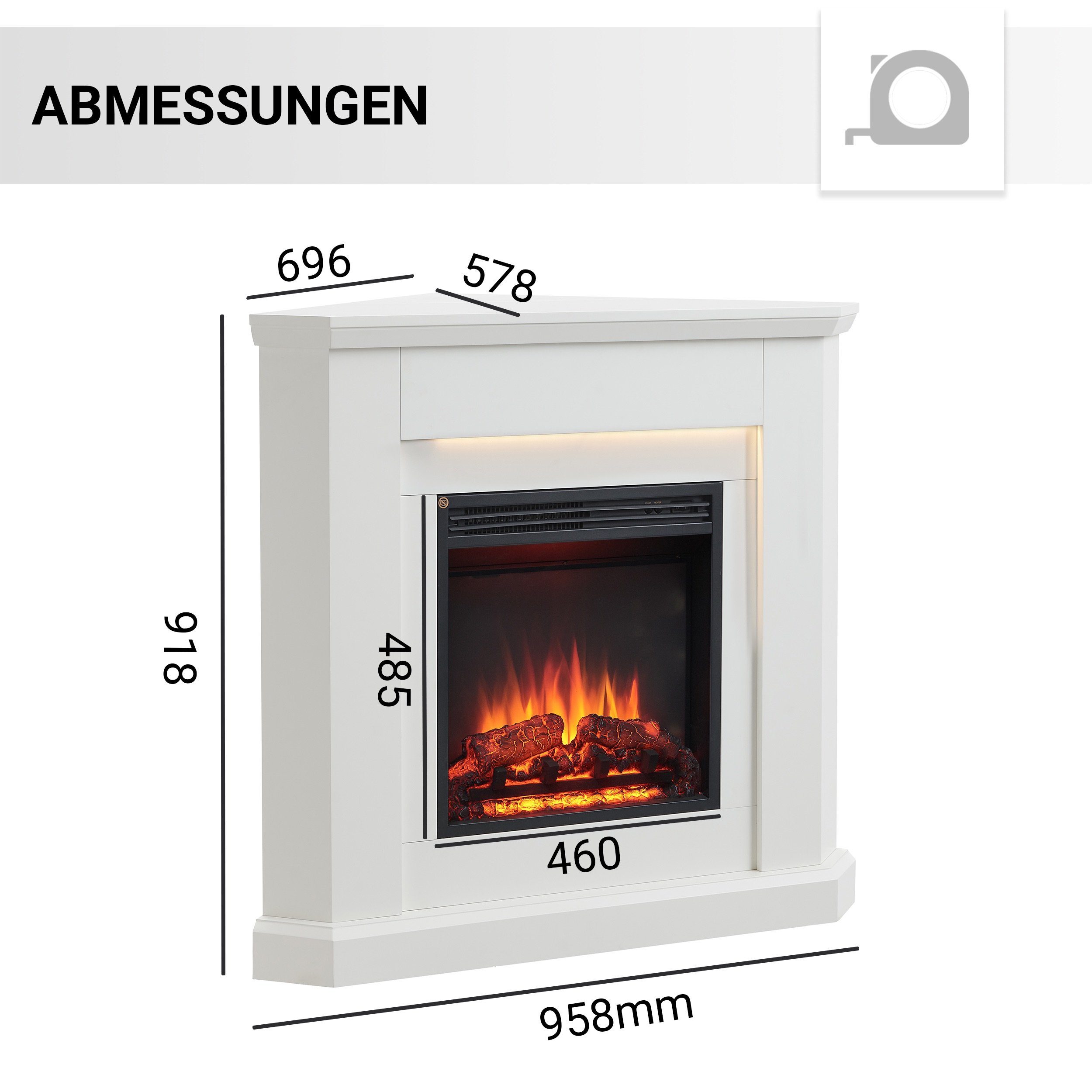 CrownFlame Elektrokamin Pegasos, Eckkamin mit Heizung 2000W, Heizung, LED-Beleuchtung, 3D-Flammeneffekt & Fernbedienung