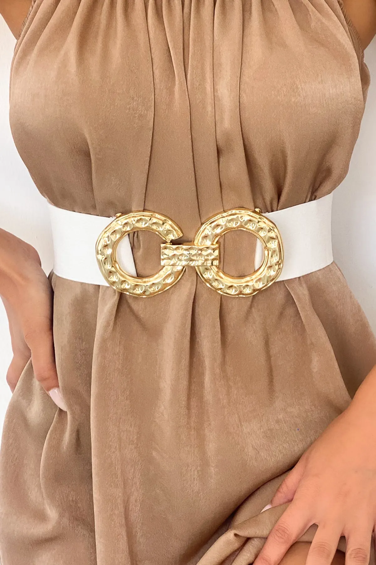 Cool & Sexy  Weißer, runder, elastischer Damengürtel mit Golddetails BE643