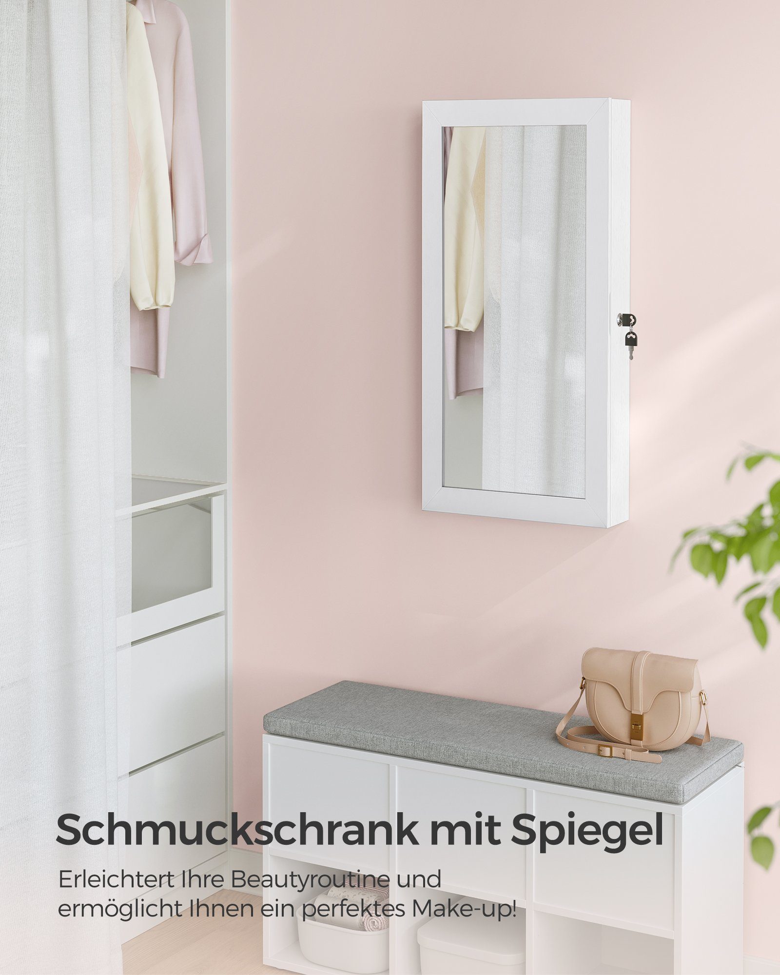 SONGMICS Schmuckschrank Spiegelschrank abschließbarer Wandschrank, weiß