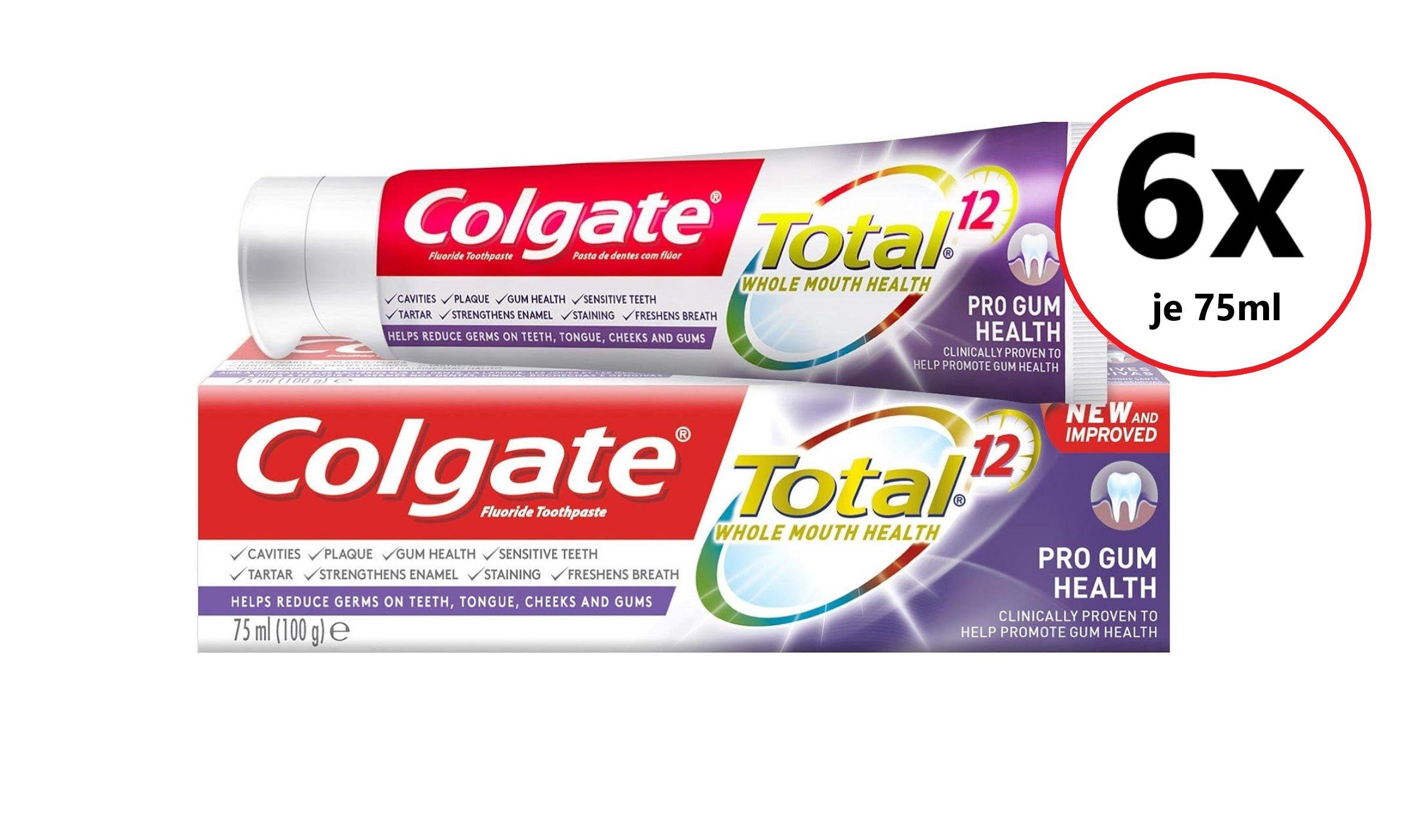 Colgate Zahnpasta 6x75ml Colgate Total Pro Gum Health Antibakterielle Zahnpasta, (Coalgate Creme Zahnpflege Karriesschutz, Zahnsteinschutz, 6-St) Zahnpasta Zahncreme Zahnpflege Pflege Karriesschutz Zahnsteinschutz
