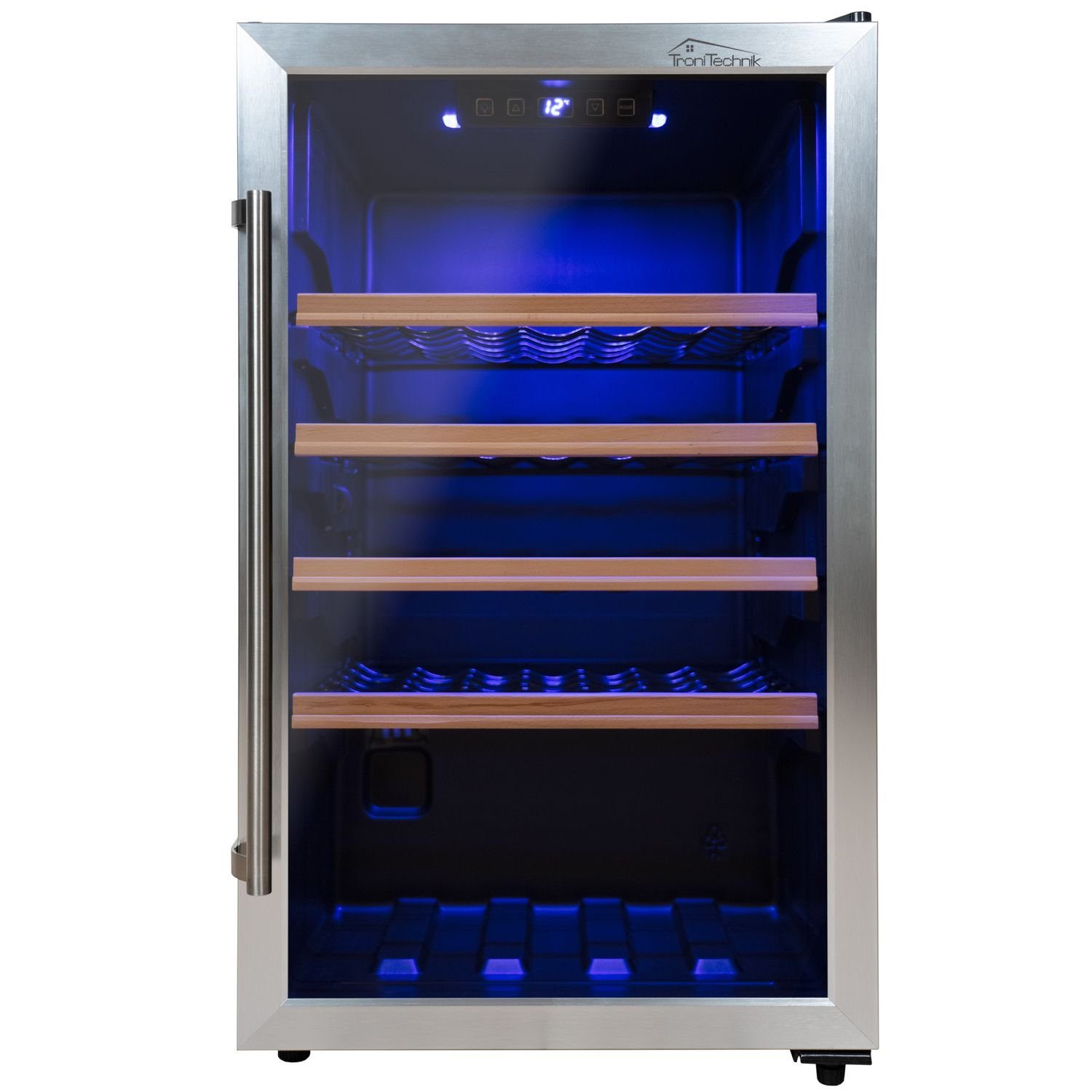 TroniTechnik Weinkühlschrank Trondhein mit 126 Liter Fassungsvolumen für 63 Flaschen,Temperatur von 5°C bis 18°C, mit blauem LED,Tür beidseitig montierbar