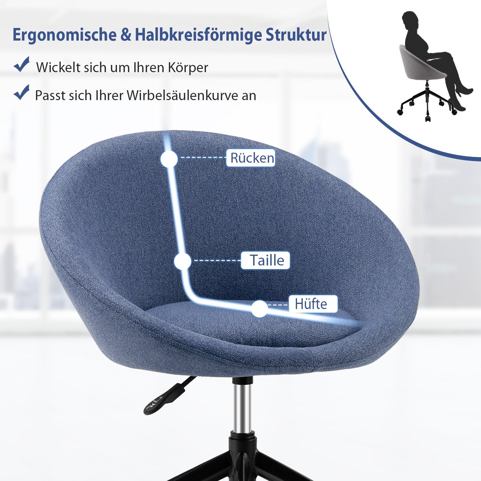 COSTWAY Polsterstuhl, höhenverstellbar 71-77cm, drehbar, 150 kg