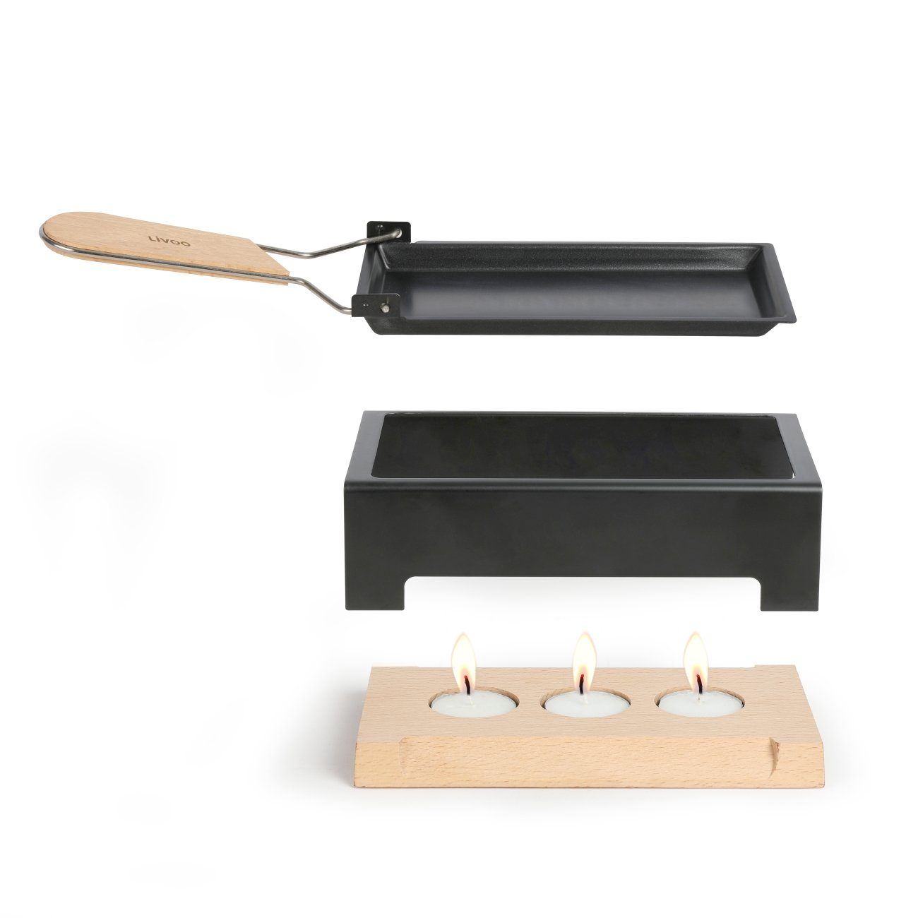 LIVOO Raclette LIVOO Raclette Set 2 Personen Teelicht Camping Kerzen Holz mit, 2 Raclettepfännchen, 3 Teelichter, Griff aus Echtholz, Raclettschieber, Raclettepfanne
