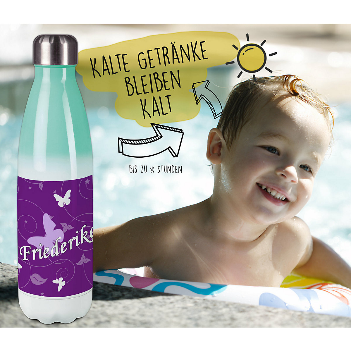 Edelstahl Kinder Thermoflasche / Trinkflasche bunt Schmetterling Ornamente Farbe lila Spülmaschinenfest, Auslaufsicher, Bruchfest, Doppelwandig, Für Heißgetränke geeignet, Mit Deckel, Isoliert