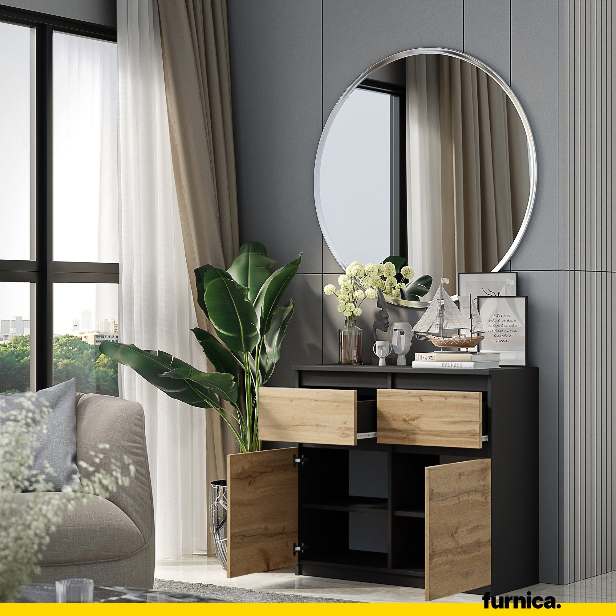 Furnica Kommode NOAH 2 Schubladen und 2 Türen - Anthrazit Grau H75cm B80cm T35cm (1 St)