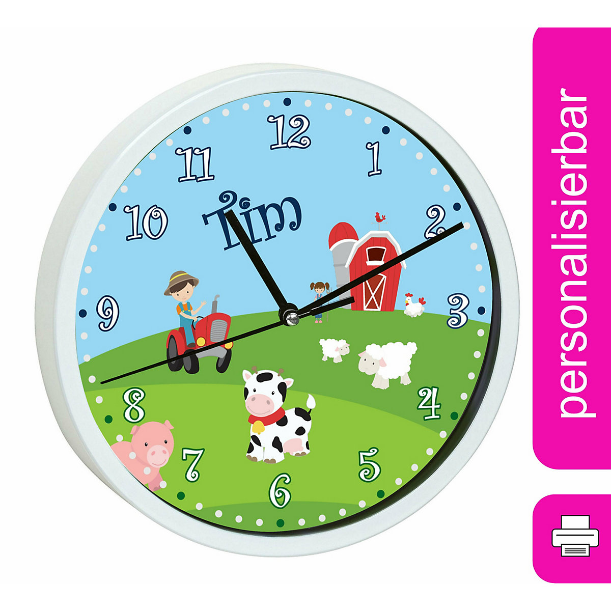 Kinder Wanduhr personalisiert mit Name Bauernhof