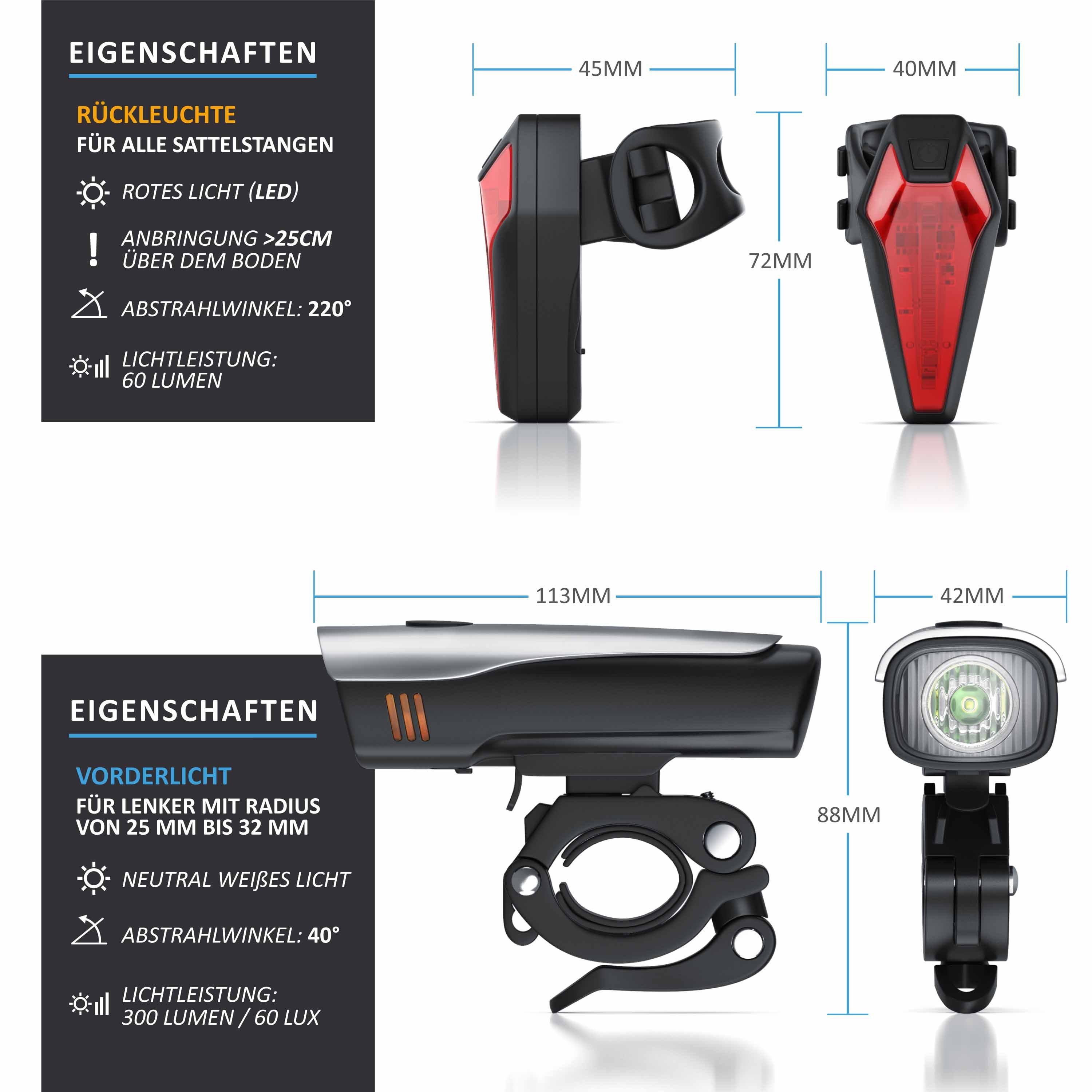 Aplic Fahrradbeleuchtung, LED Fahrradlampen-Set mit Front & Rücklicht mit Akku, StvZO zugelassen