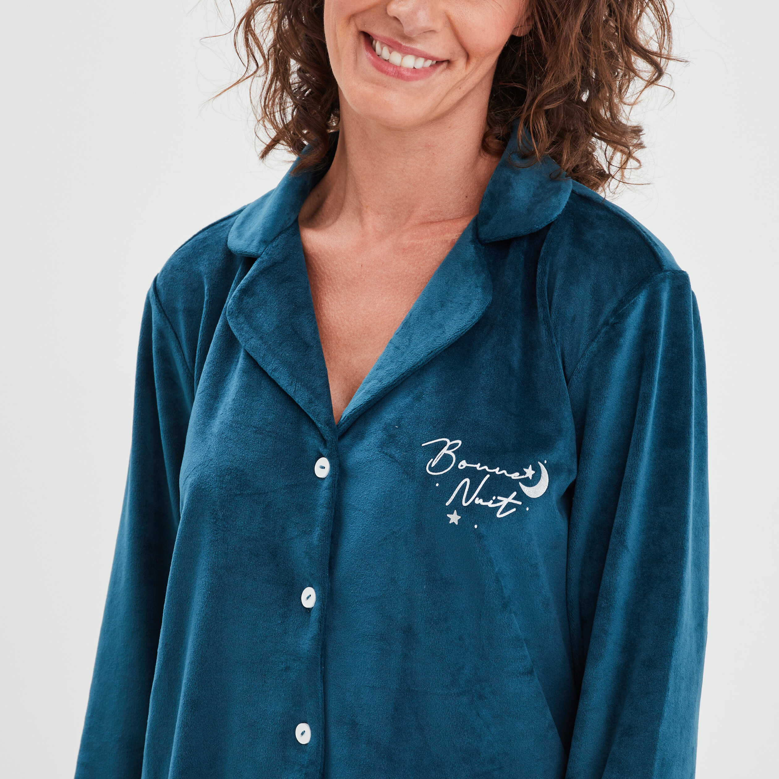 Ensemble pyjama chemise pantalon velours bleu canard femme | La Halle