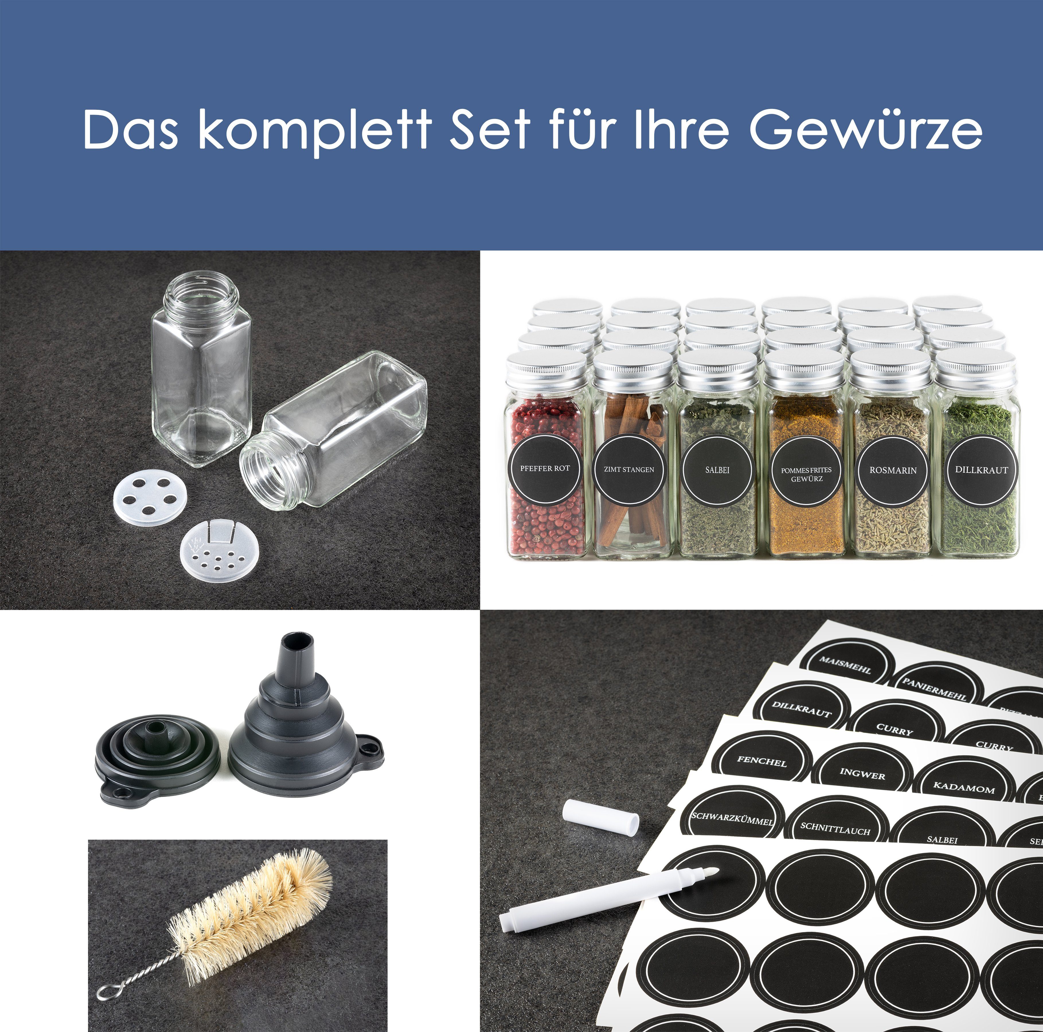 Hanseküche Gewürzbehälter Gewürzgläser Set mit Streueinsatz, Glas, (24 Gewürzgläser, 1-tlg., Set inkl. Zubehör), inkl. Ersatzstreueinsätze, Trichter und Reinigungsbürste