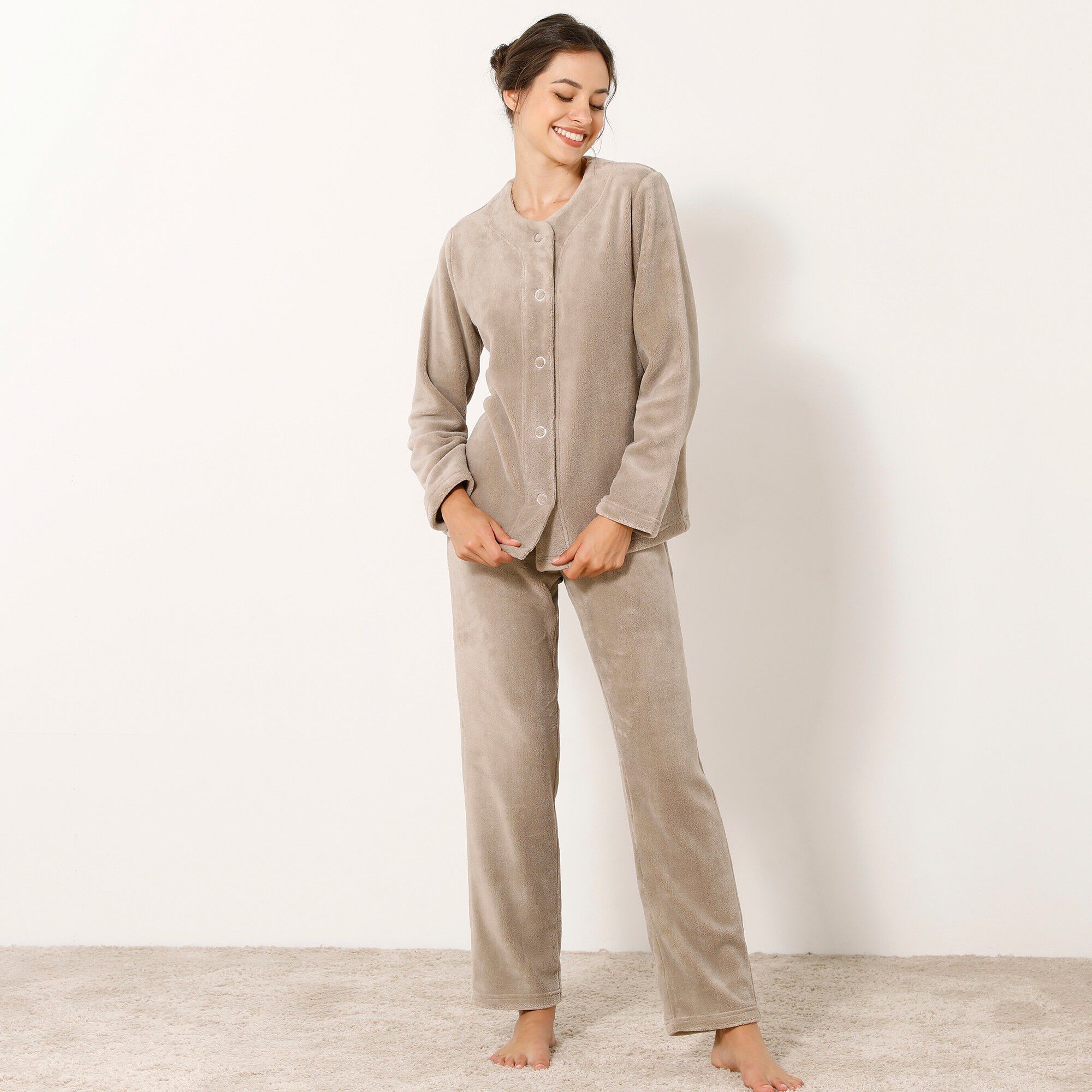 Pyjama veste boutonnée manches longues, maille polaire