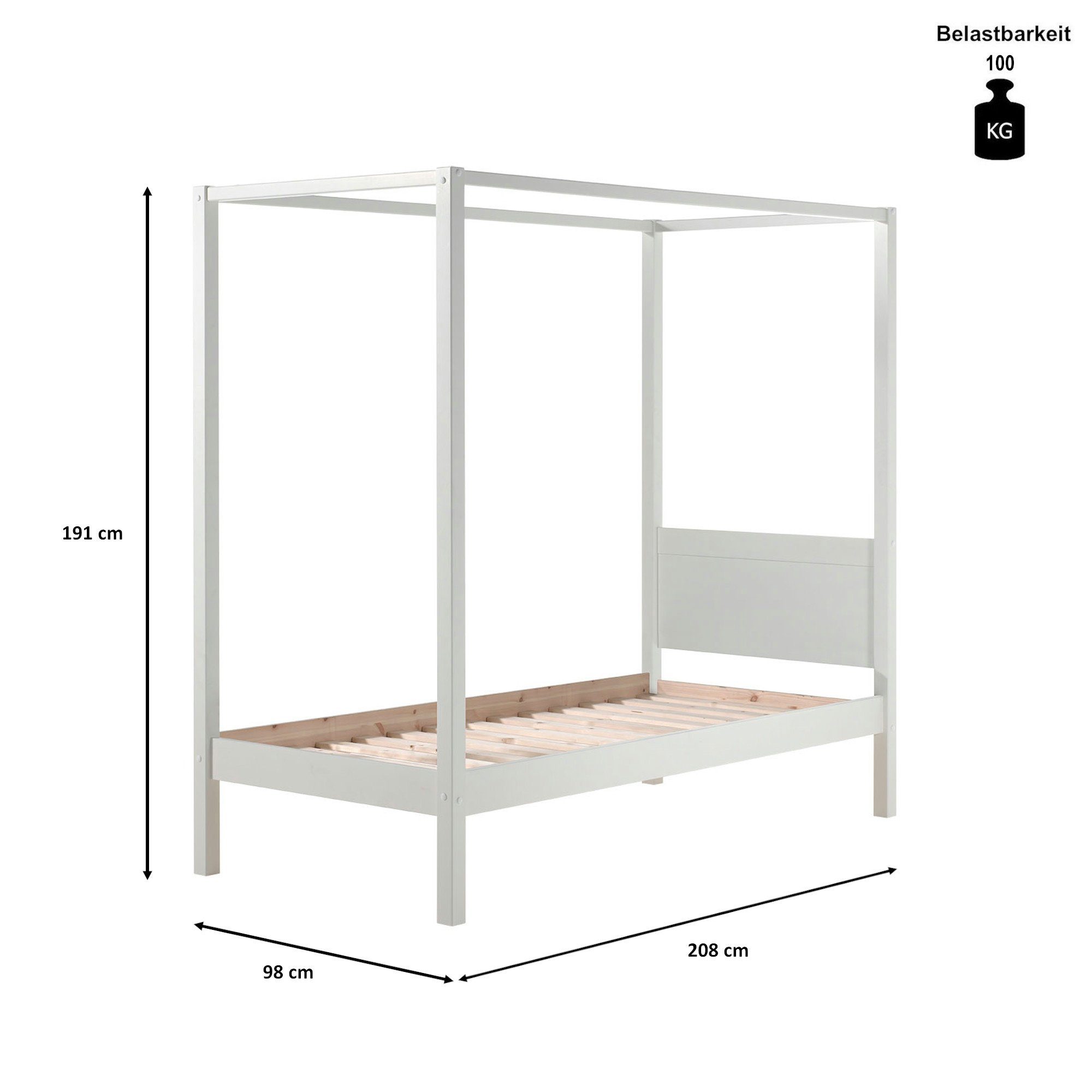 Kindermöbel 24 Himmelbett Alysa inkl. Lattenrost + Himmelgestänge