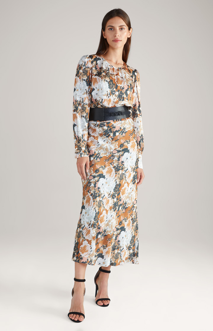 Satin-Langarm-Bluse in Braun/Schwarz/Ecru gemustert
