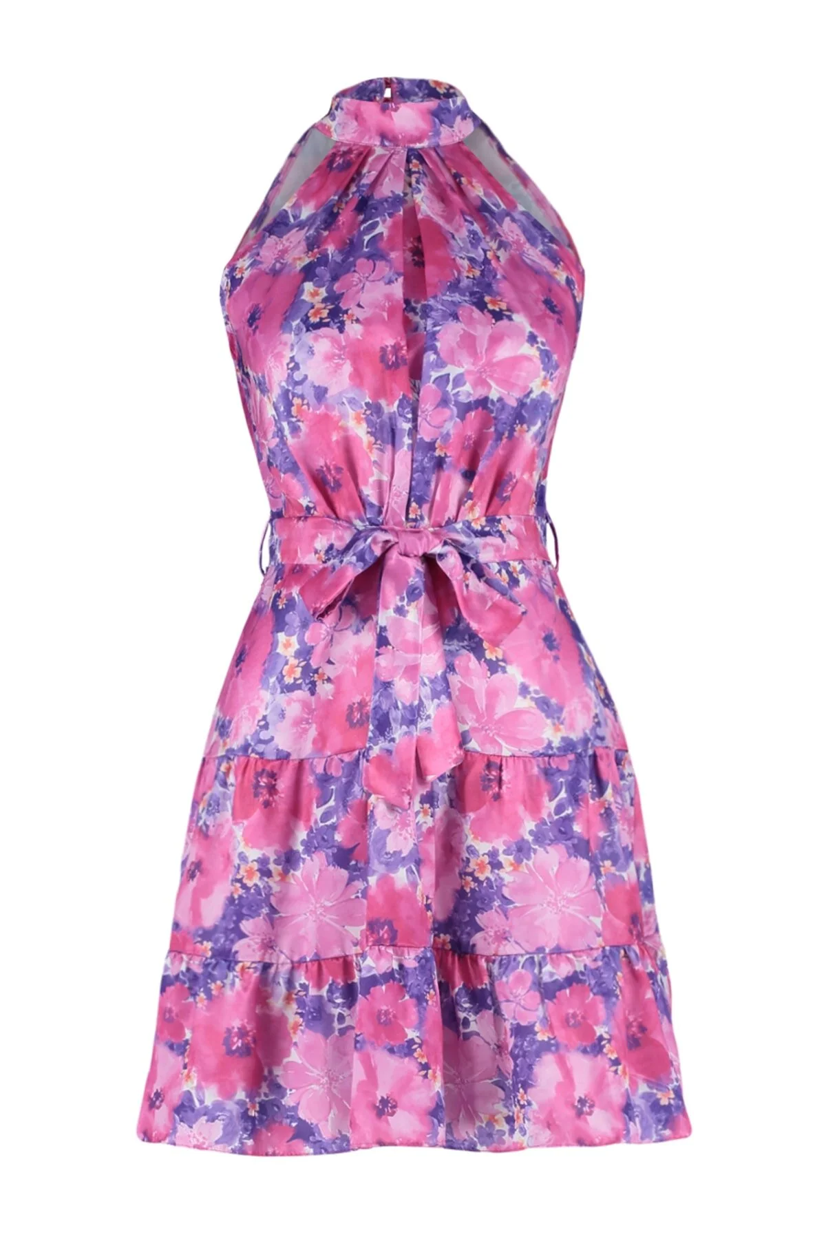 Trendyol Collection  Fuchsiafarbenes, gewebtes A-Linien-Satin-Minikleid mit Blumendruck TWOSS20EL2490