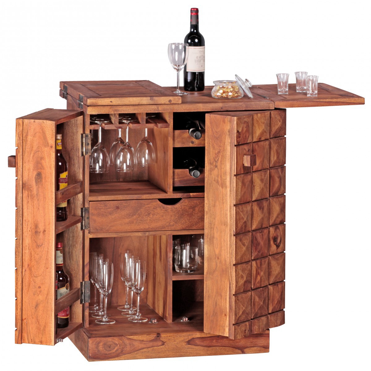 Wohnling Hausbar Massivholz Sheesham Weinbar ausklappbar Vitrine Landhausstil Barschrank Aufbewahrung Flaschen Gläser