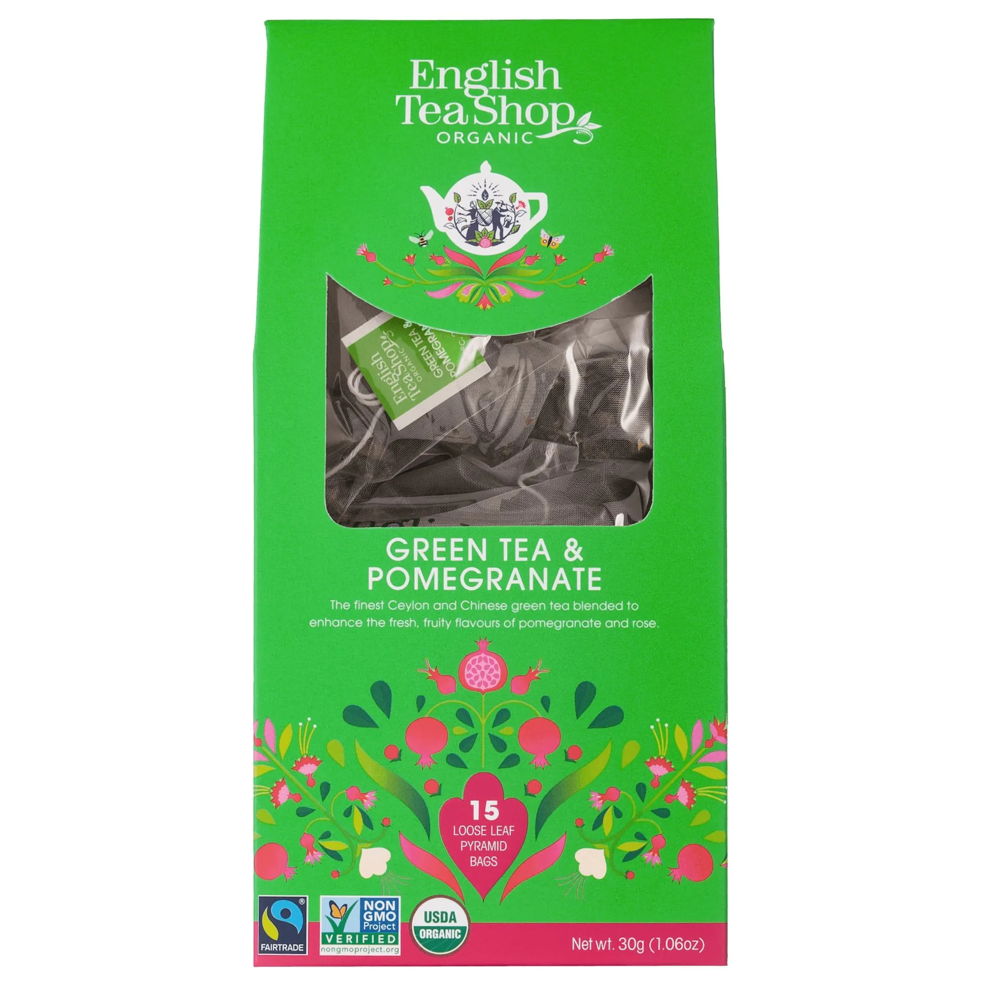 English Tea Shop Grøn te og granatæble, løsbladet økologisk te, 15 pyramider