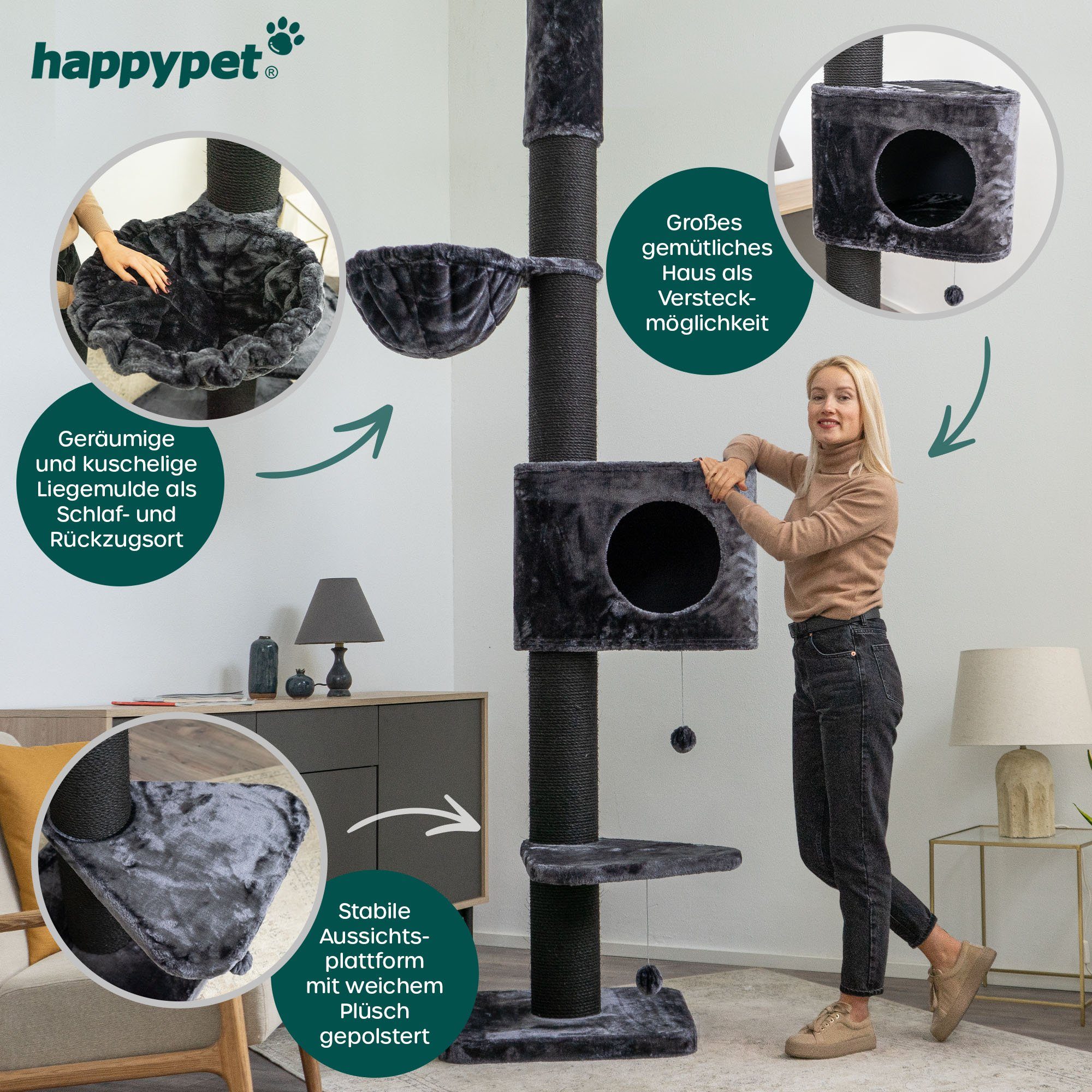 Happypet Kratzbaum MC2760, Gesamthöhe: ca. 250-275 cm, Haus: ca. 54 x 54 x 44 cm.